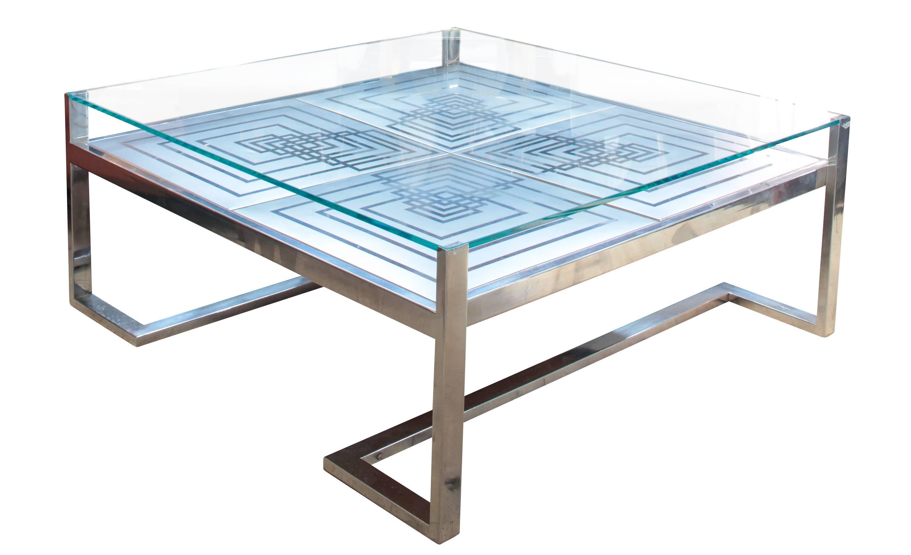 Italian 1970s Romeo Rega Coffee Table in Stainless Steel and Glass For Sale