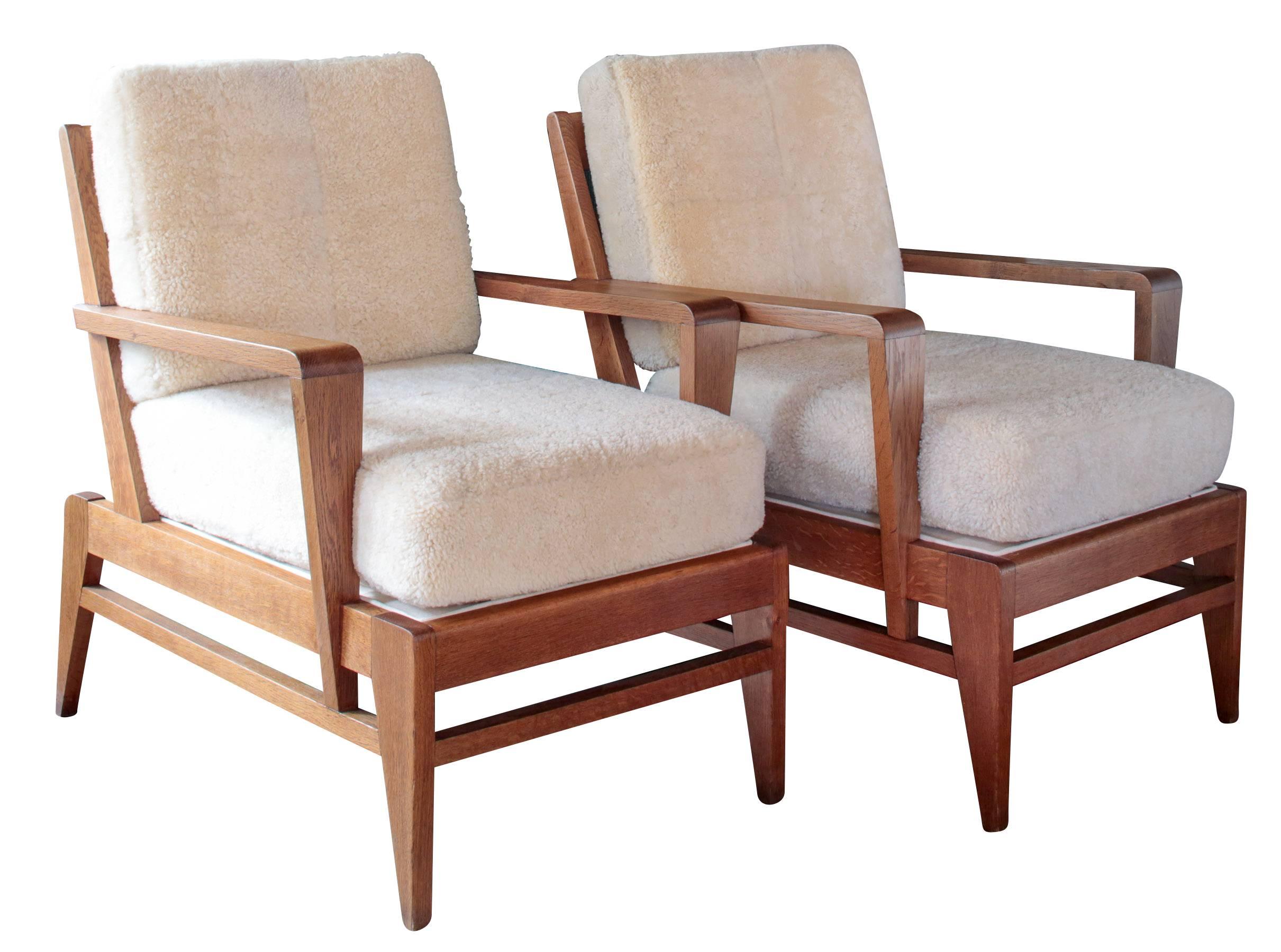Mid-Century Modern Pair of Midcentury Oak Chairs by Rene Gabriel with Shearling Cushions