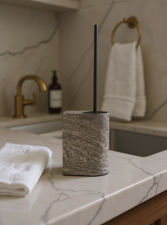 Nobble Marble Toilet Brush in Travertino Titanium by Giobagnara