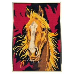 1970s Vintage Horse Embroidered Needlepoint Cross Stitch Canvas Wall Art