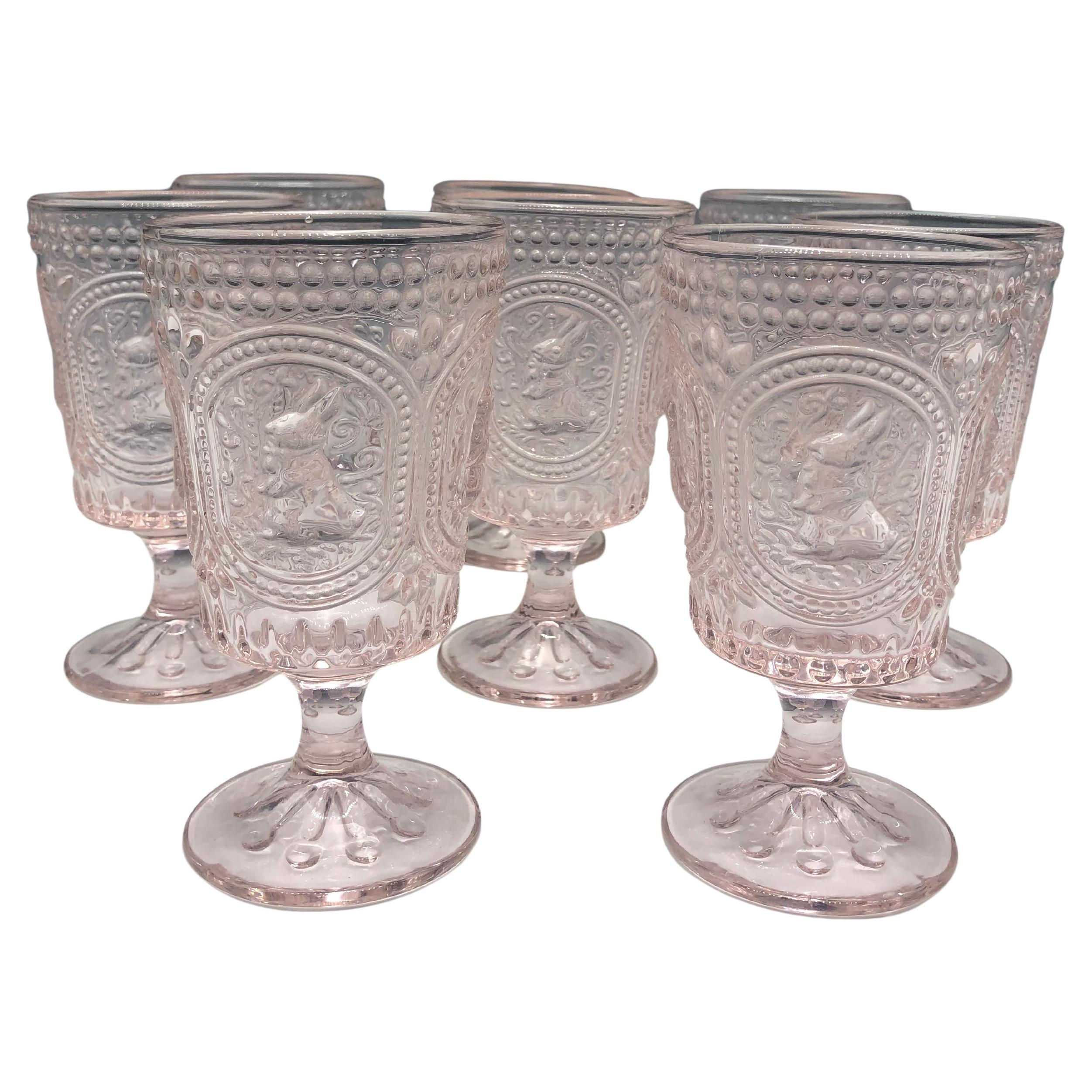 Vintage Pink Hobnail Bunny Pedestal Glass Water or Wine Goblets Set of 8