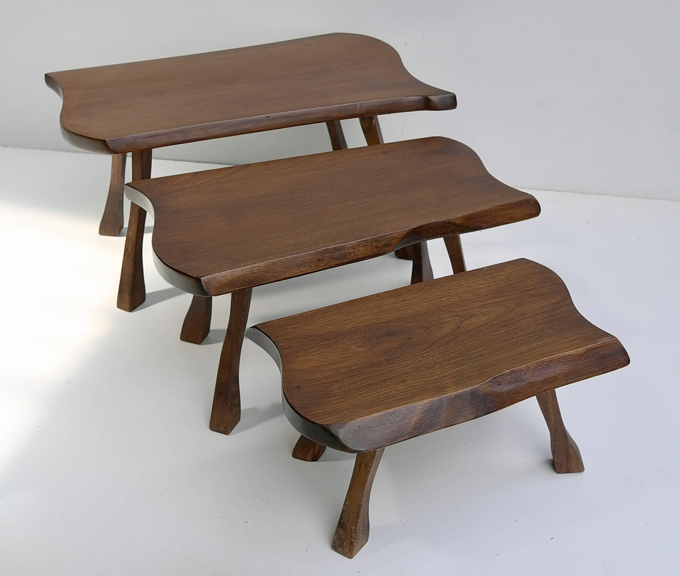 Organic wooden side tables

Measure: Largest table: 60cm x 30cm, middle table: 50cm x 25cm, smallest 40cm x 20cm.