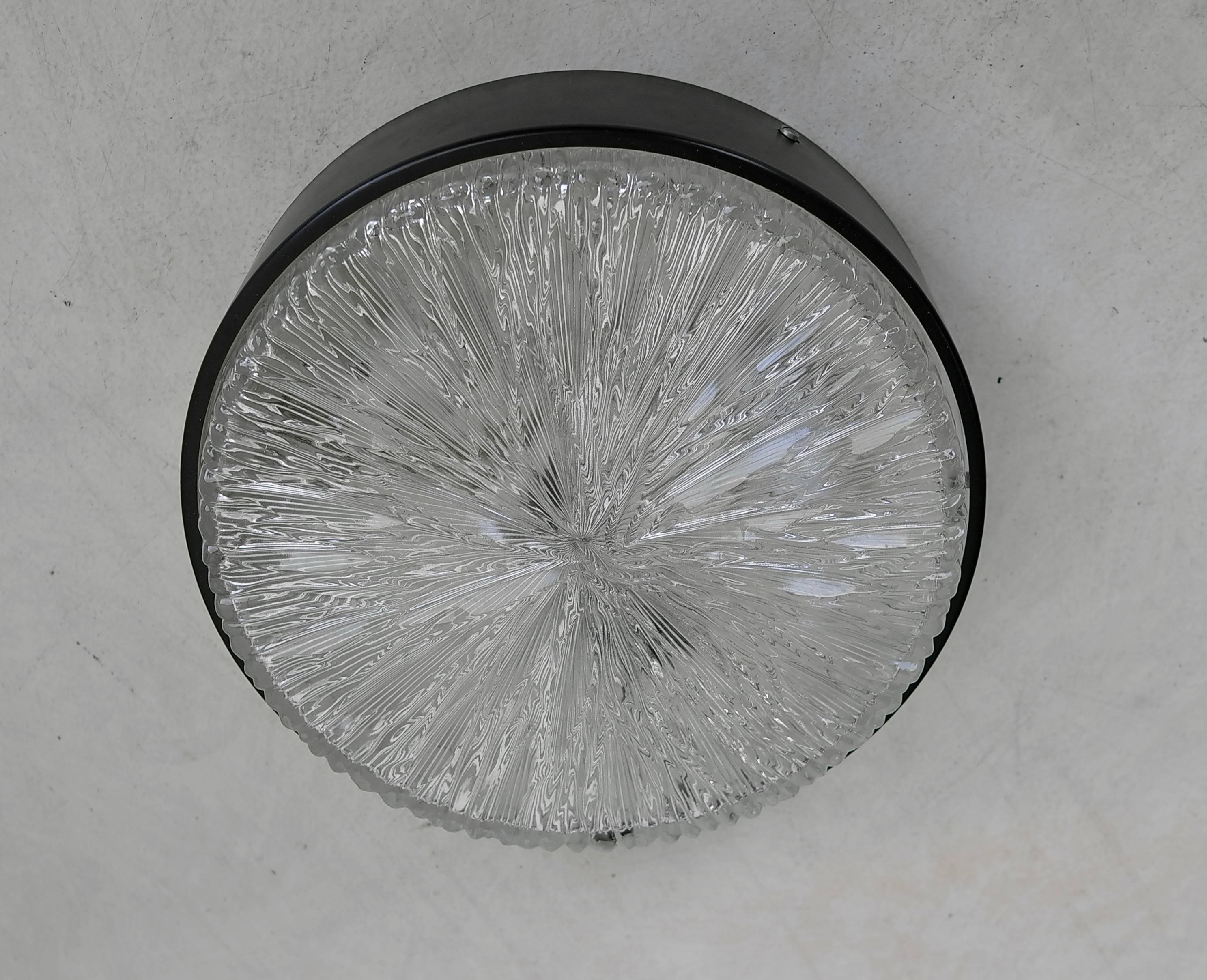 Italian Flush Mount in Glass and Black Metal, Italy, 1960s For Sale