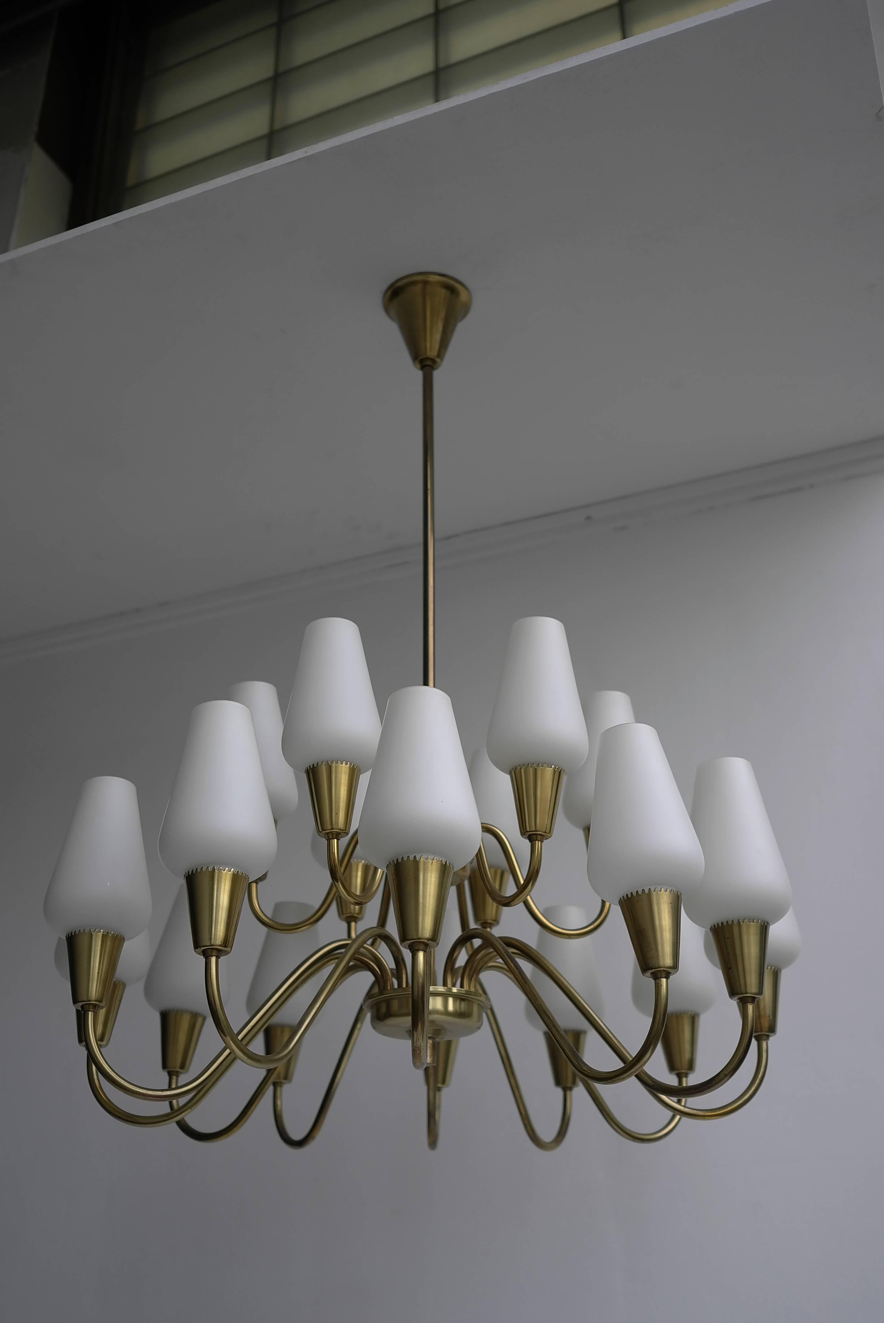 Brass and Opaline Glass Chandelier, Finland, 1960s 3