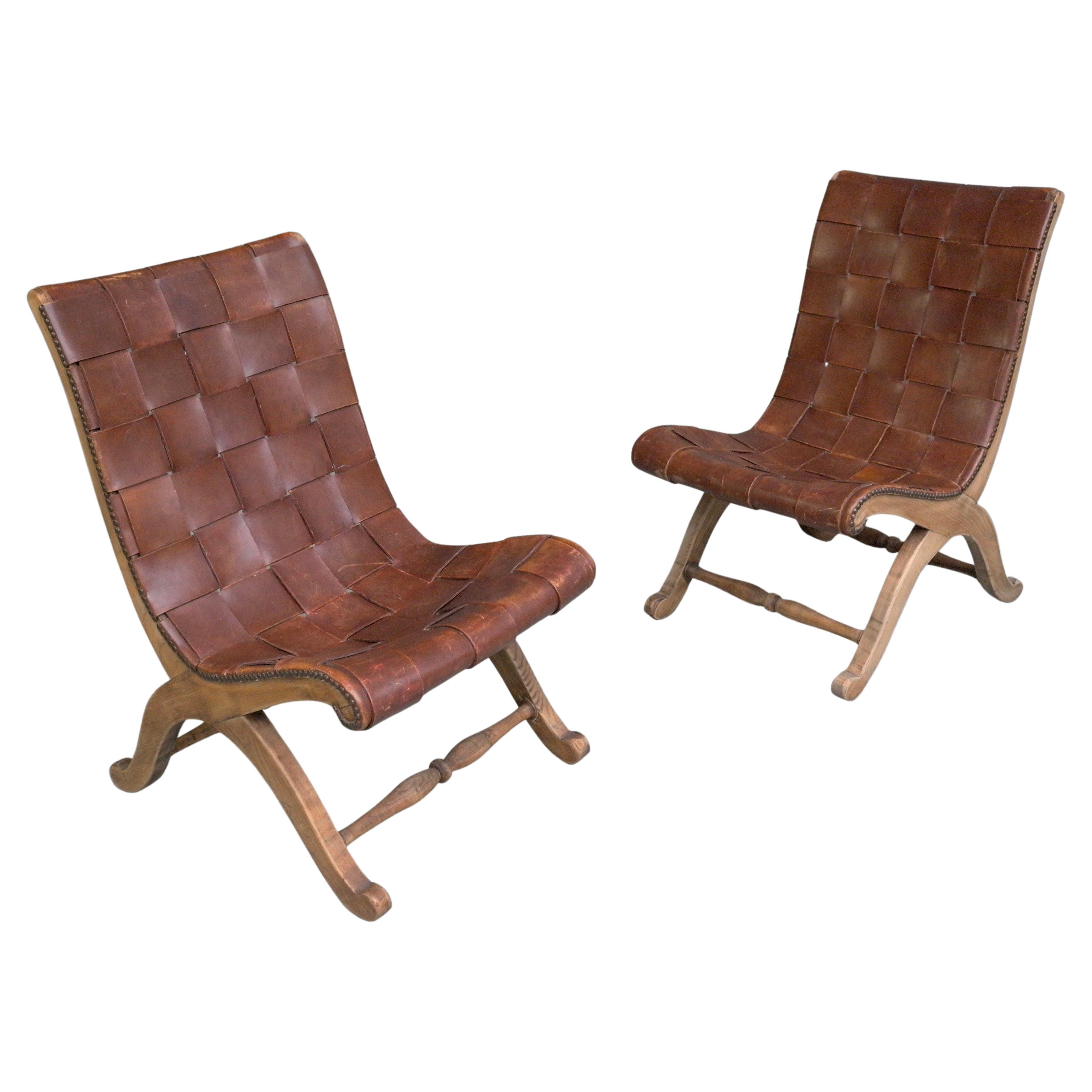 Pair of Valenti Midcentury Cognac Patina Leather Strap Slipper Lounge Chairs