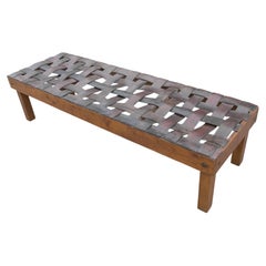 Rustic mid-century modern leather strap bench Carpenter Trial Piece, France 1960