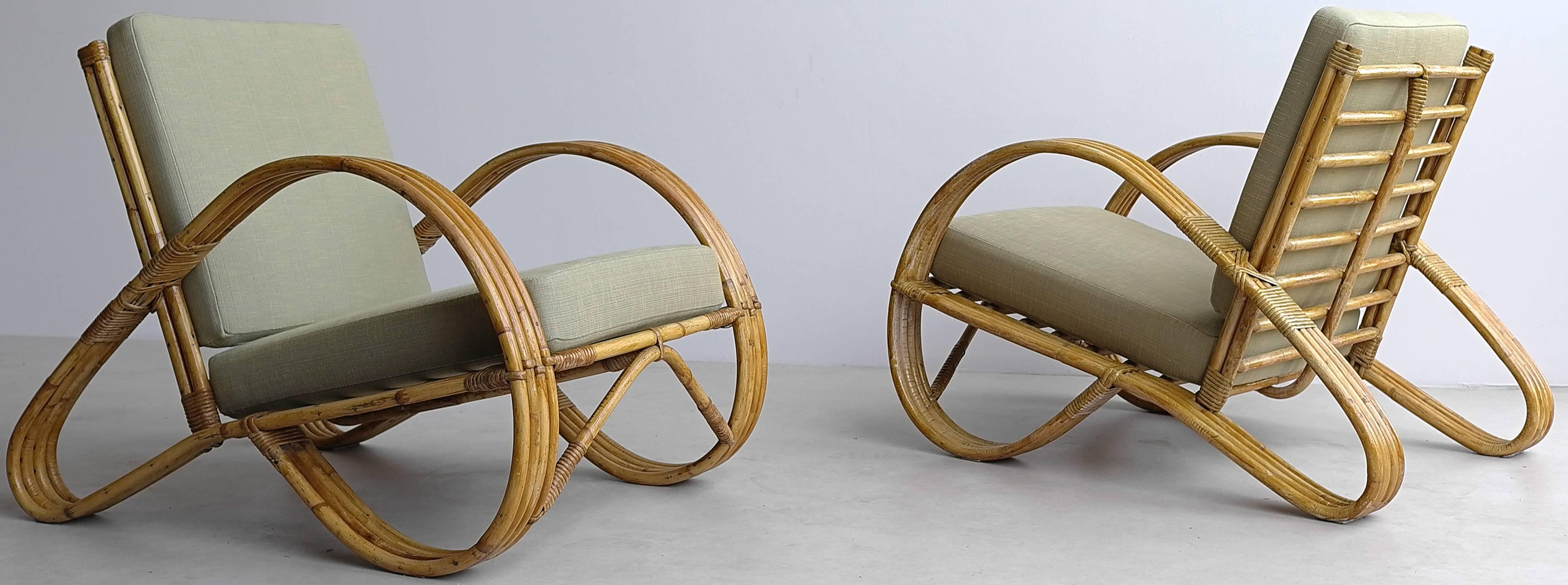 Pair of Sculptural Bamboo Armchairs with Green Fabric, 1950s In Excellent Condition In Den Haag, NL