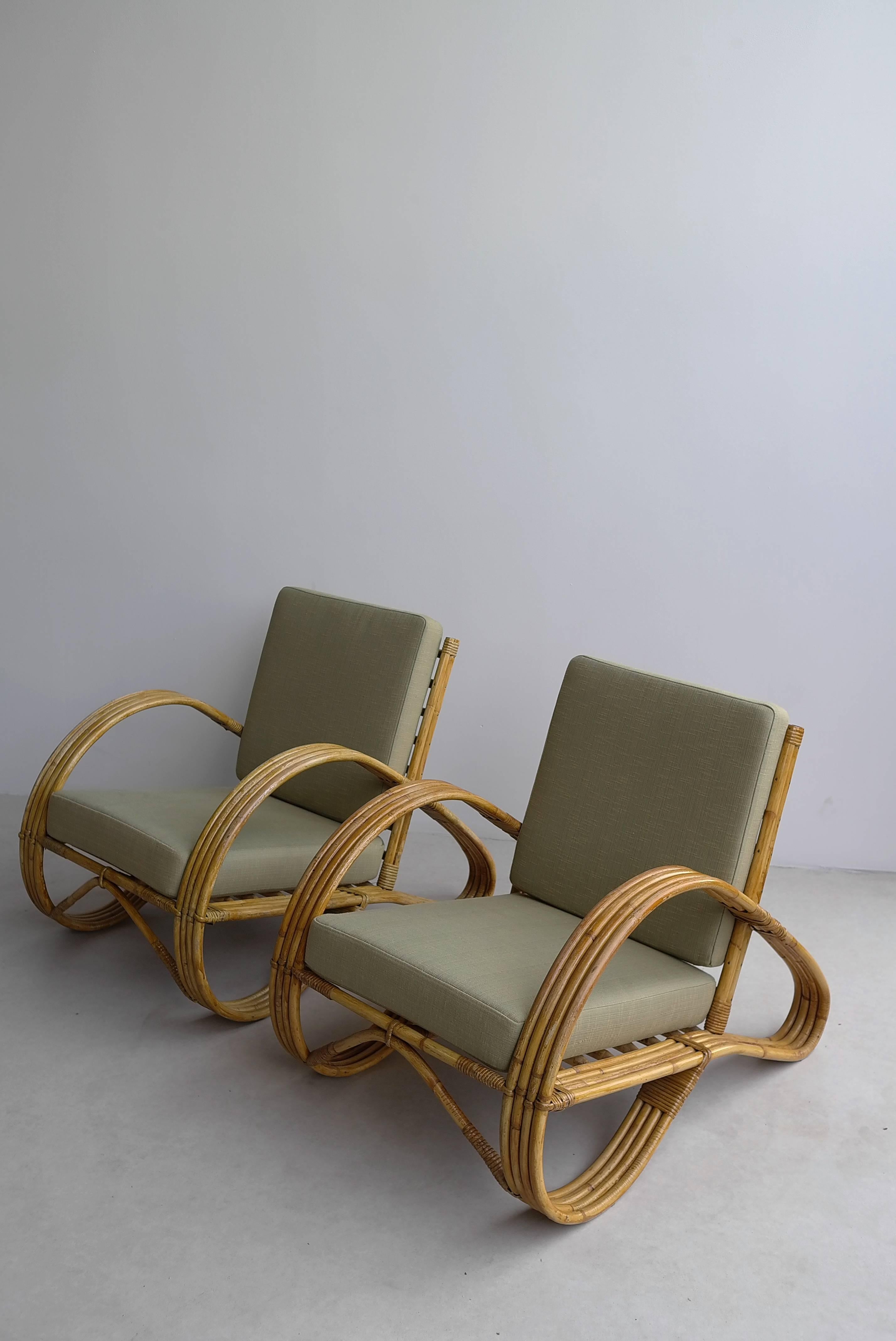Mid-20th Century Pair of Sculptural Bamboo Armchairs with Green Fabric, 1950s