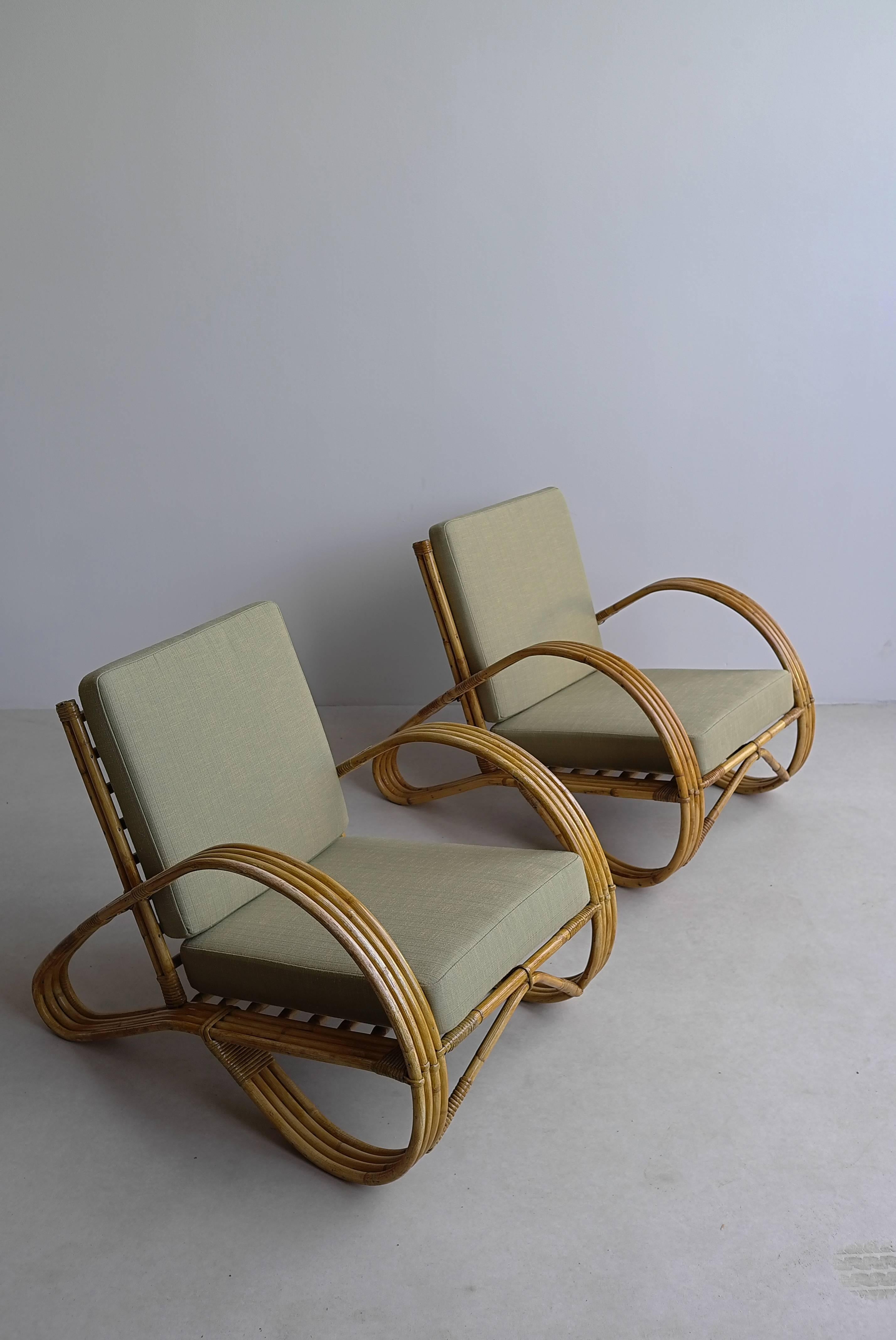 Mid-Century Modern Pair of Sculptural Bamboo Armchairs with Green Fabric, 1950s
