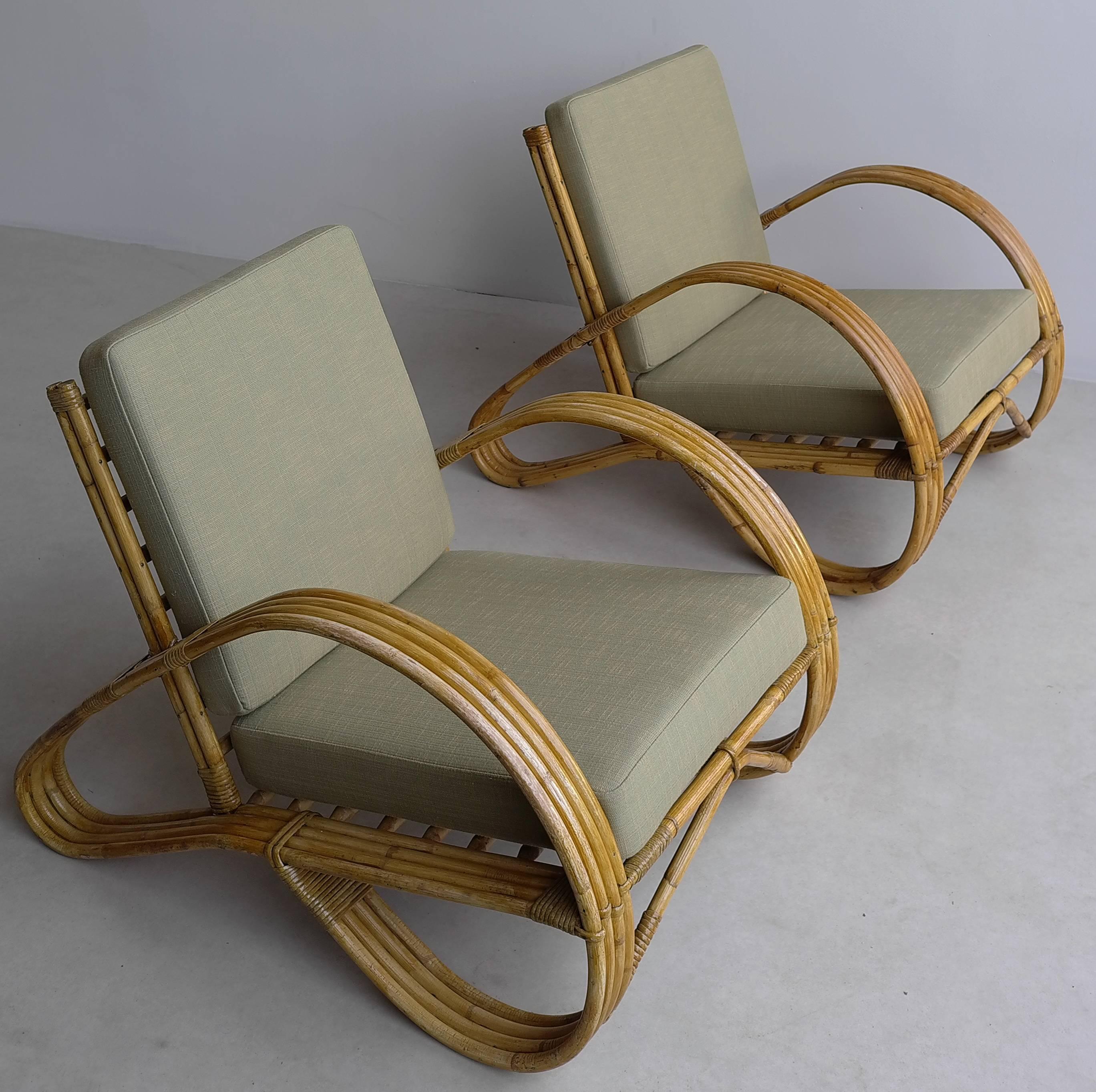 Pair of sculptural bamboo armchairs, 1950s.

These chairs would look great inside an interior or outside on a porch. The chairs are newly upholstered in green fabric.