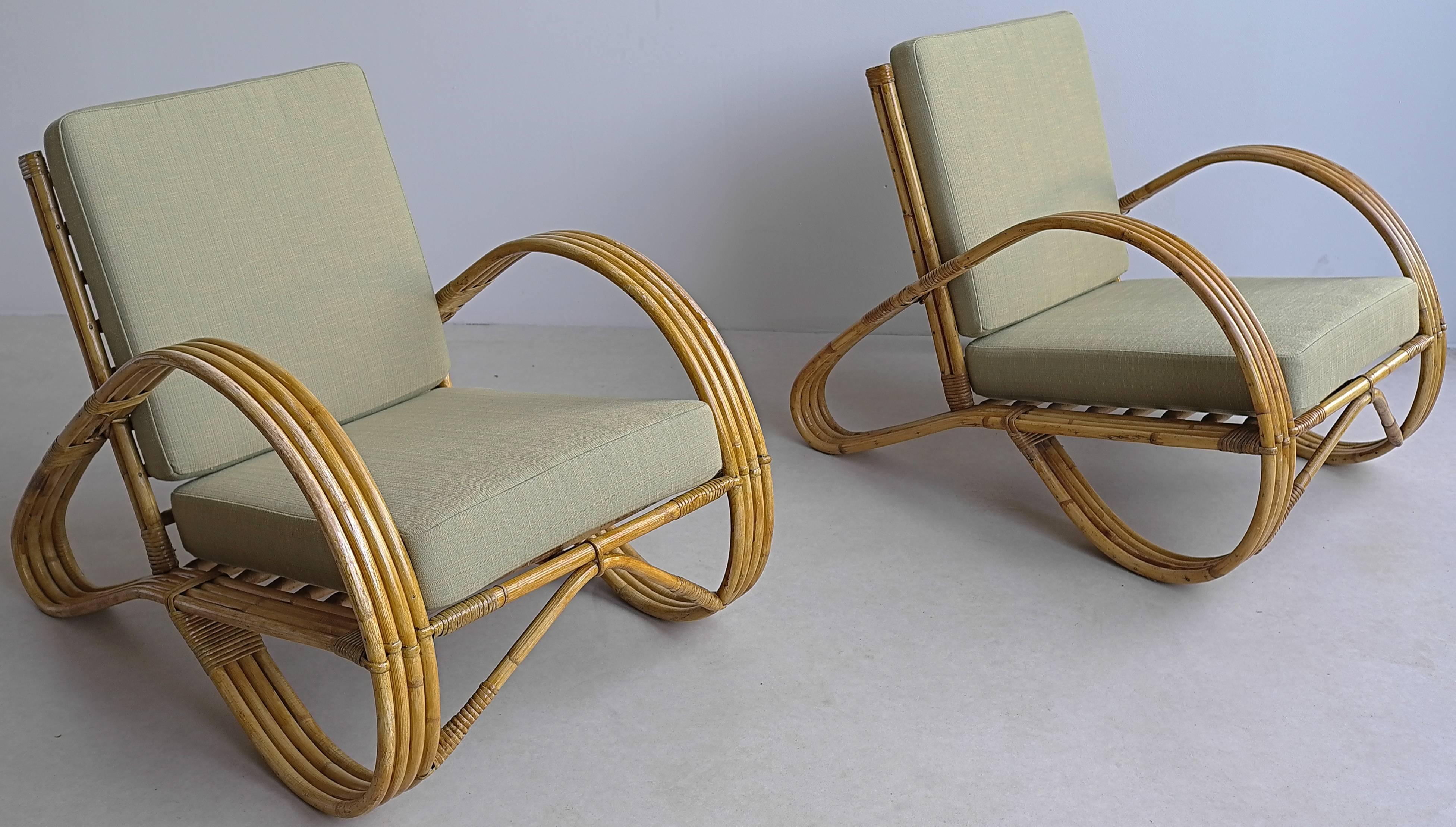 French Pair of Sculptural Bamboo Armchairs with Green Fabric, 1950s