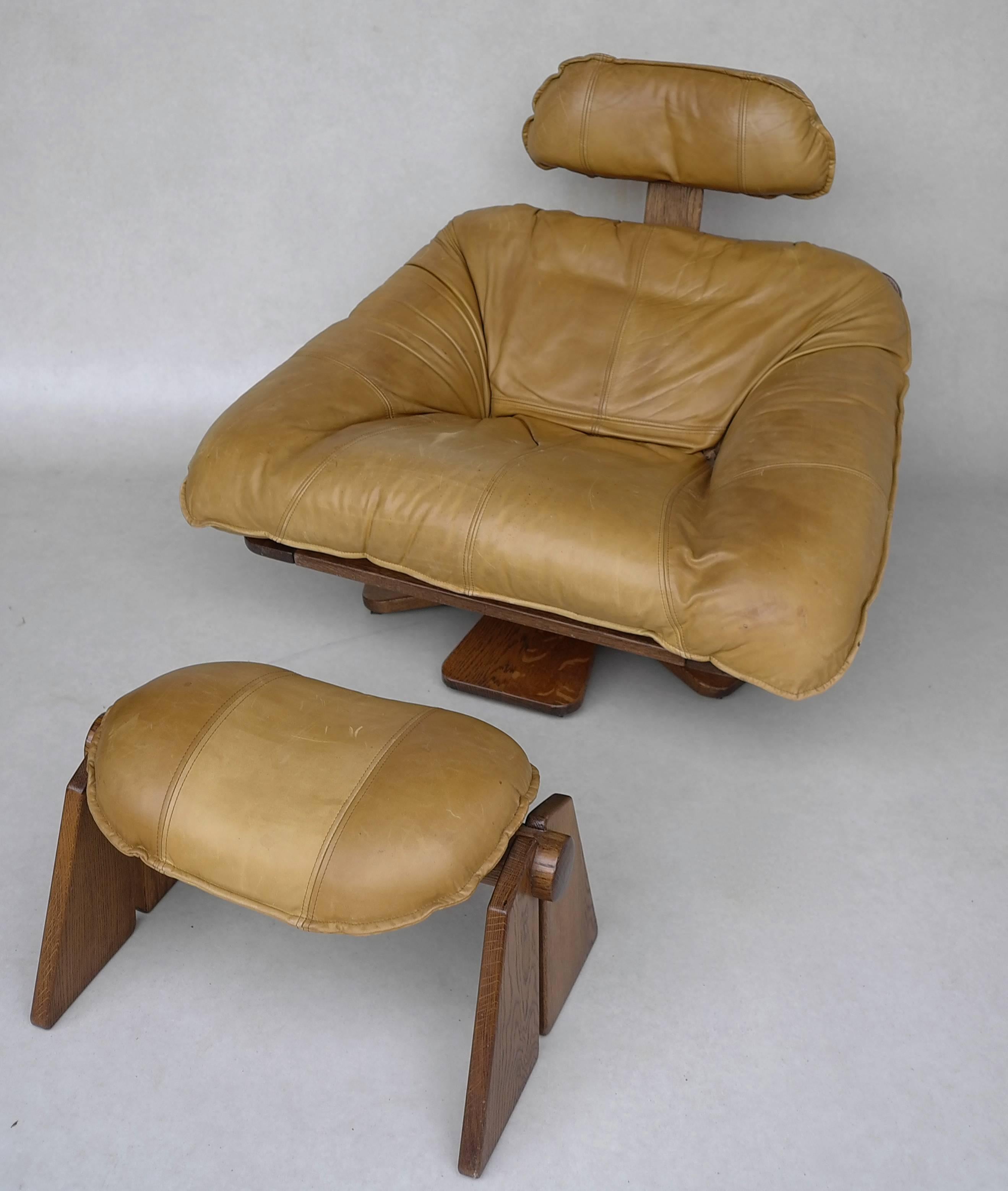 Mid-20th Century Cognac Leather Lounge Chair with Ottoman, Brazil, 1960s