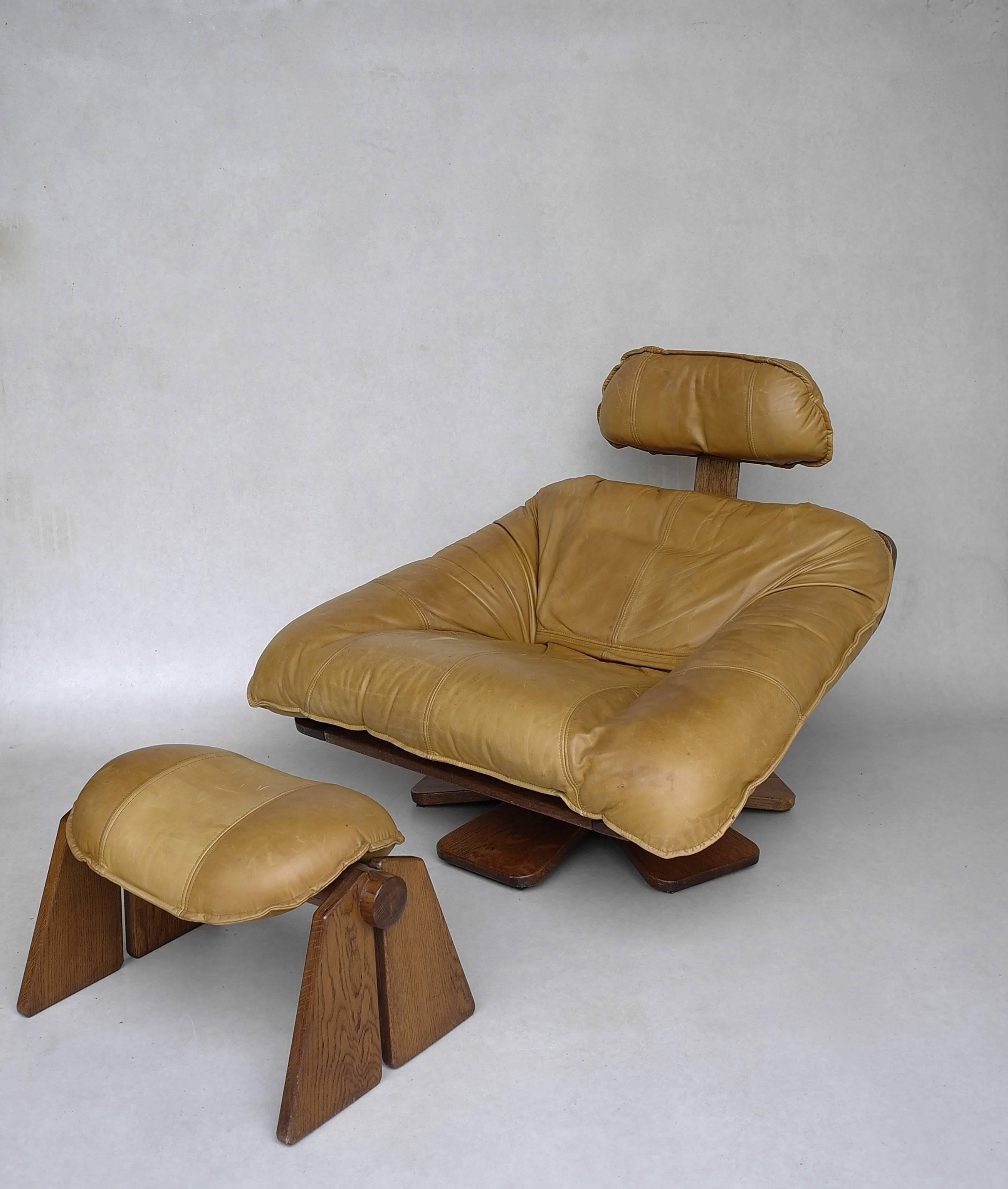 Mid-Century Modern Cognac Leather Lounge Chair with Ottoman, Brazil, 1960s