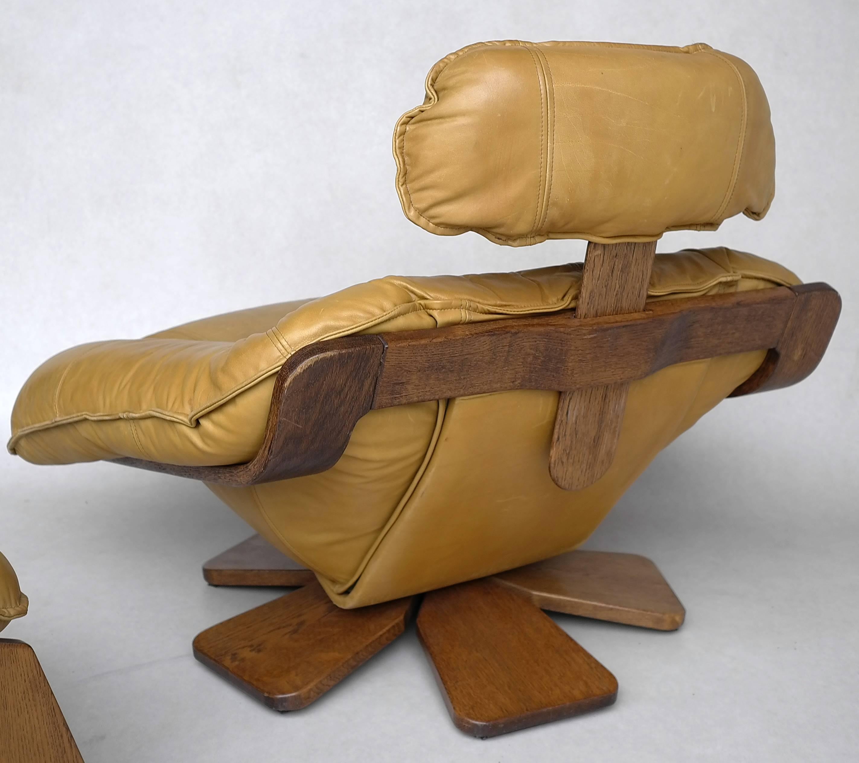 Wood Cognac Leather Lounge Chair with Ottoman, Brazil, 1960s