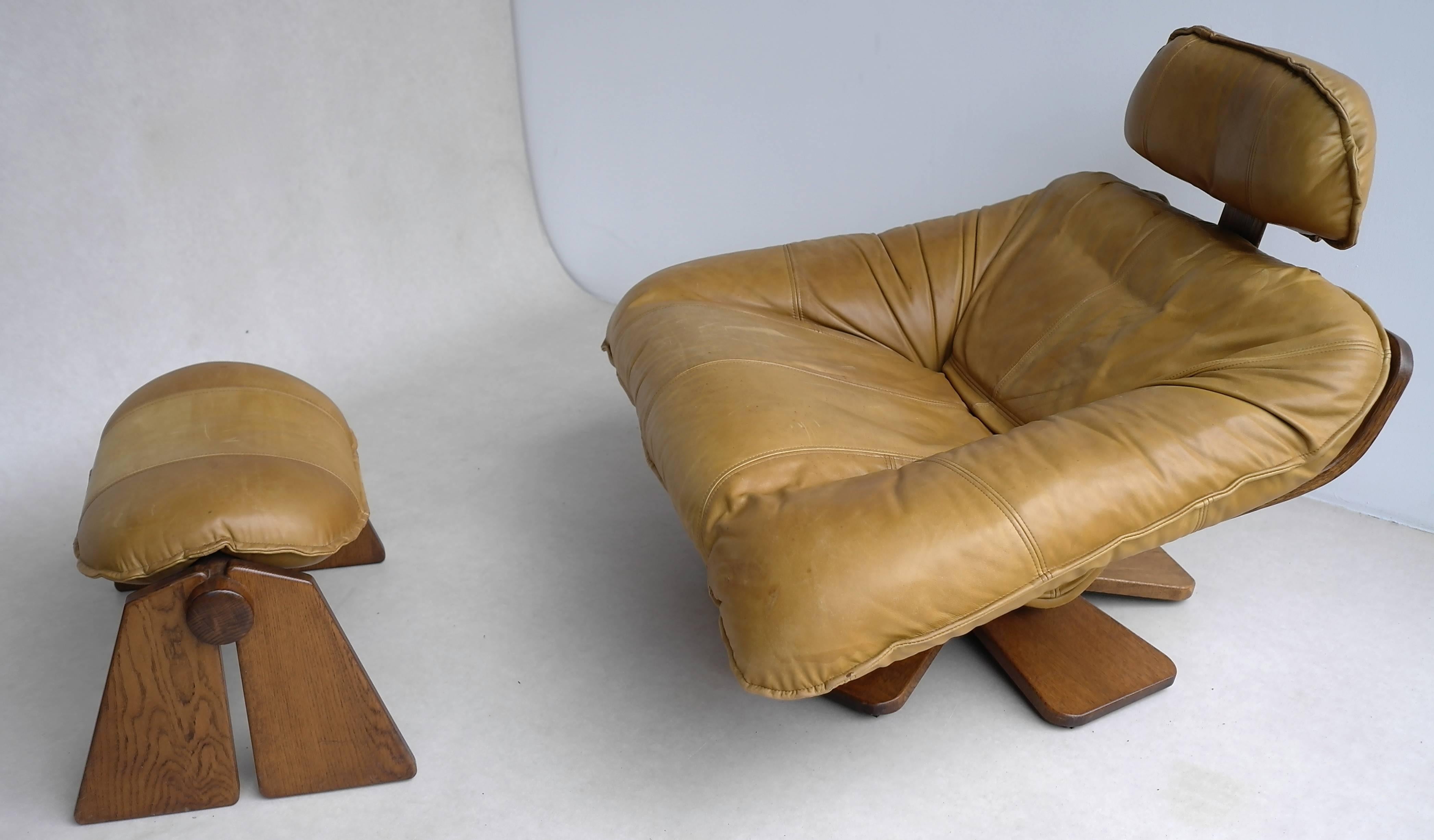 Brazilian Cognac Leather Lounge Chair with Ottoman, Brazil, 1960s