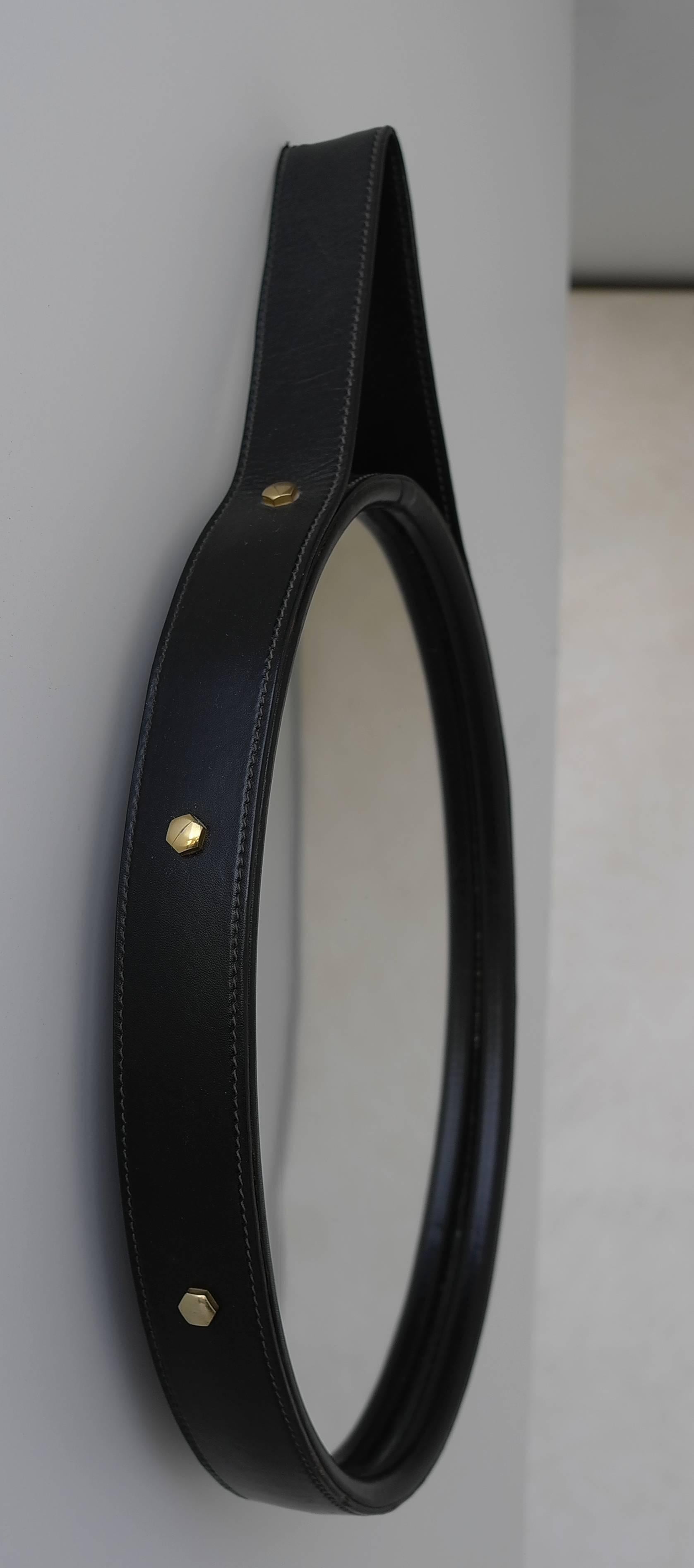 Mid-Century Modern Hand-Stitched Black Leather Oval Mirror, France, 1960s