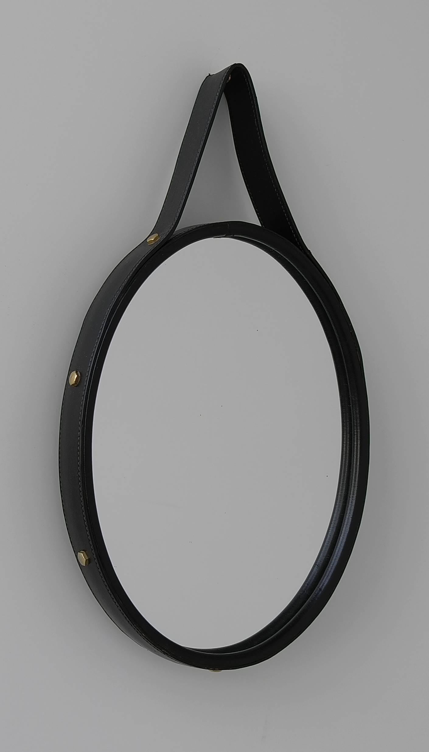 Hand-Stitched Black Leather Oval Mirror, France, 1960s In Excellent Condition In Den Haag, NL
