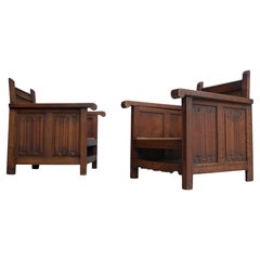 Pair of Carved Art Deco Parish Brutalist Gothic Armchairs in Oak with Rush Seats