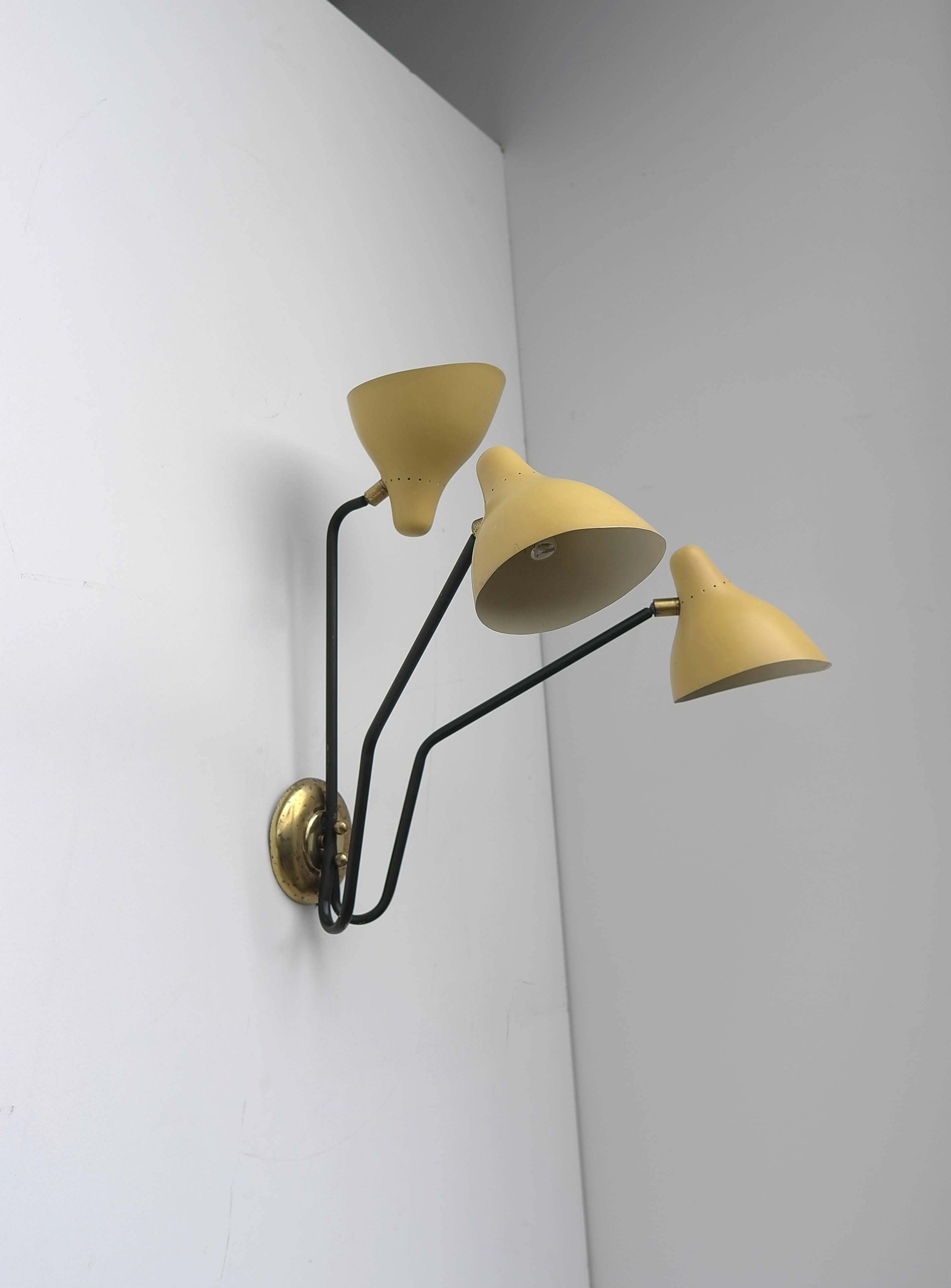 Mid-Century Modern Three Arm Wall Lamp with Yellow shades by Stilux, Italy 1950s