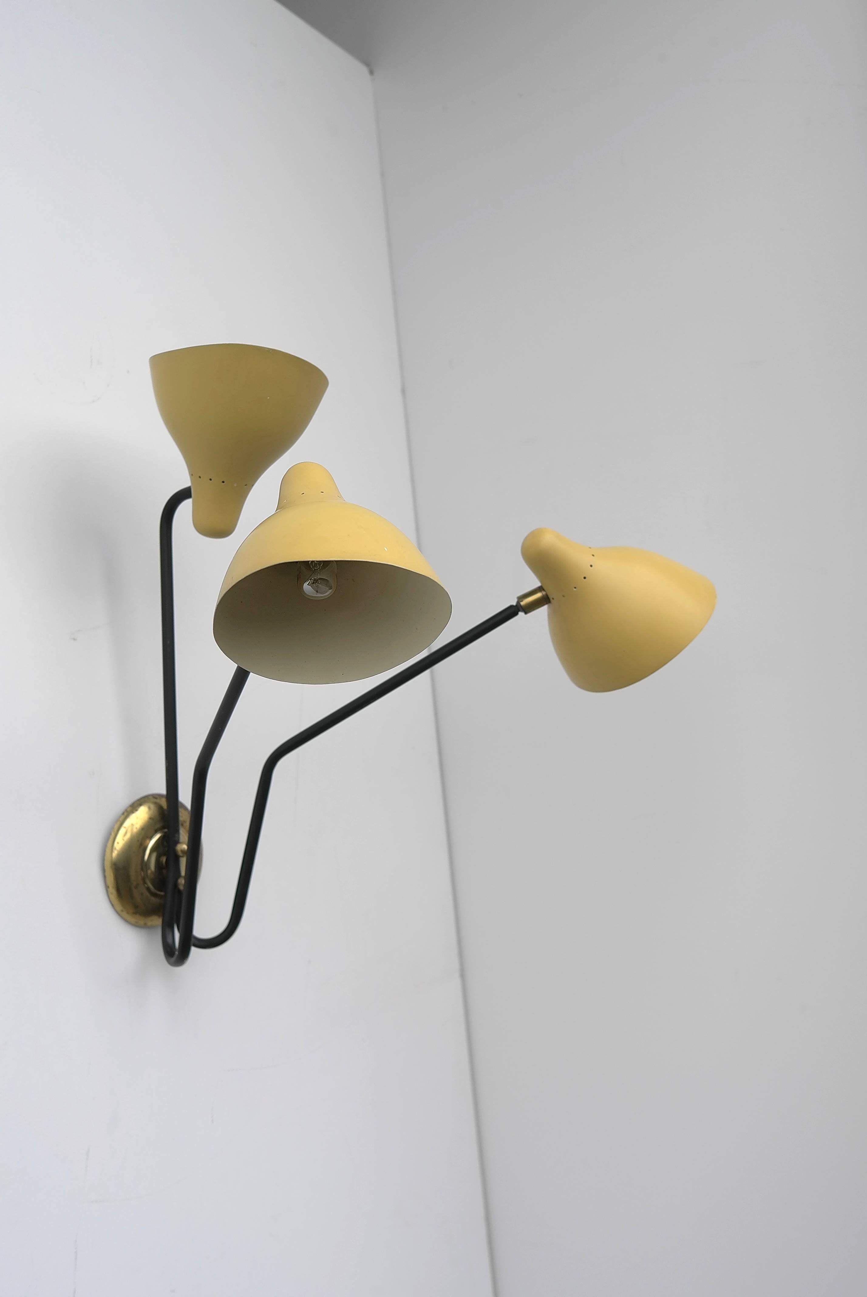Mid-20th Century Three Arm Wall Lamp with Yellow shades by Stilux, Italy 1950s
