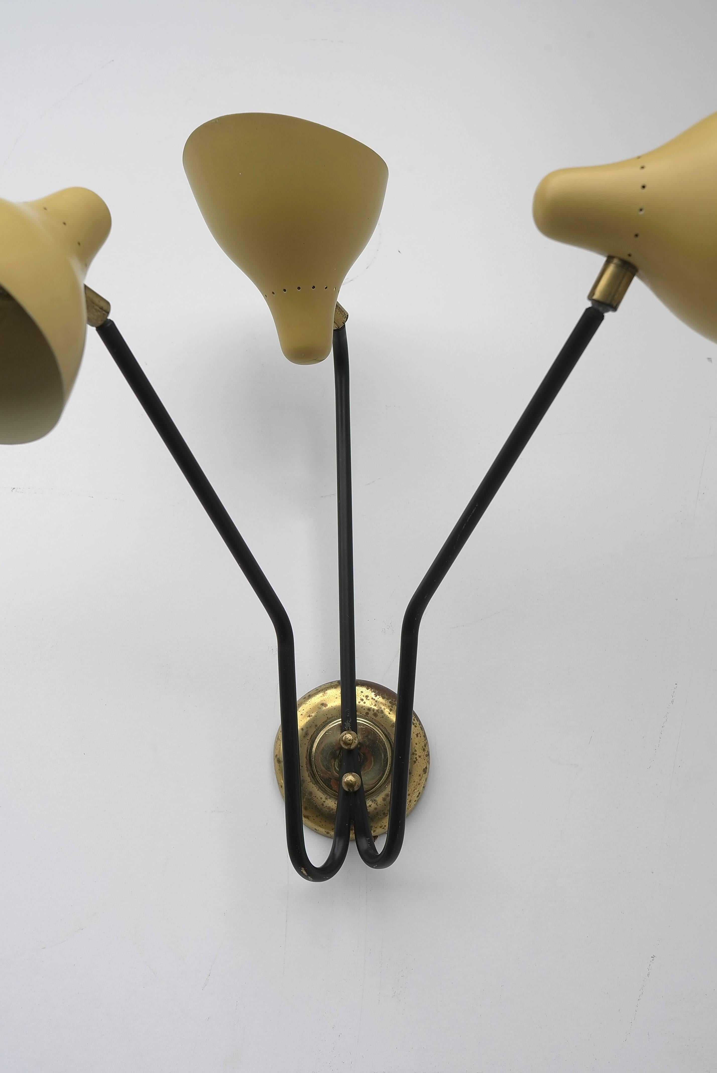 Three Arm Wall Lamp with Yellow shades by Stilux, Italy 1950s In Excellent Condition In Den Haag, NL