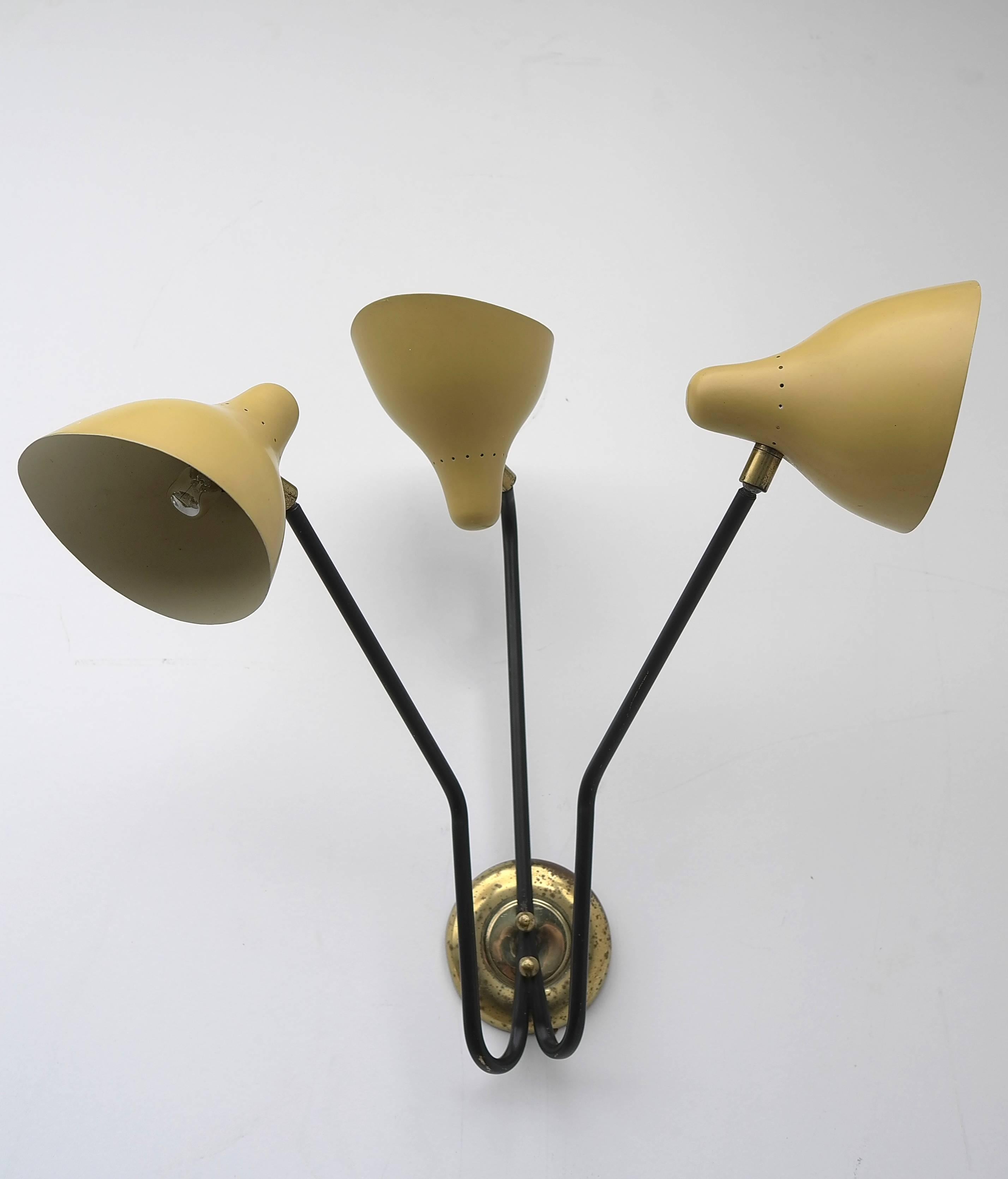 Brass Three Arm Wall Lamp with Yellow shades by Stilux, Italy 1950s