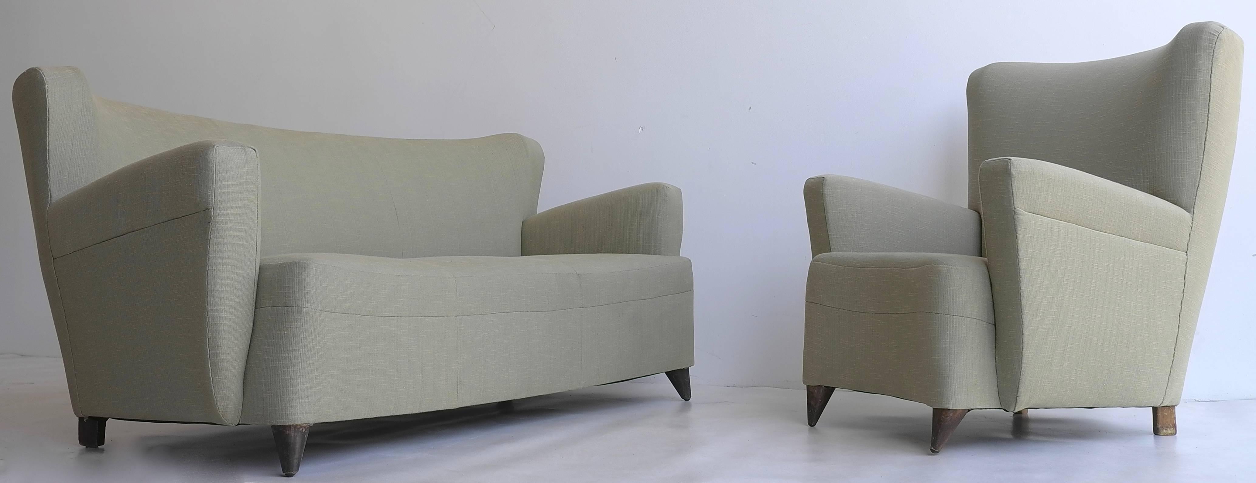 Mid-Century Modern Green Italian three-seat Sofa set in style of Gio Ponti