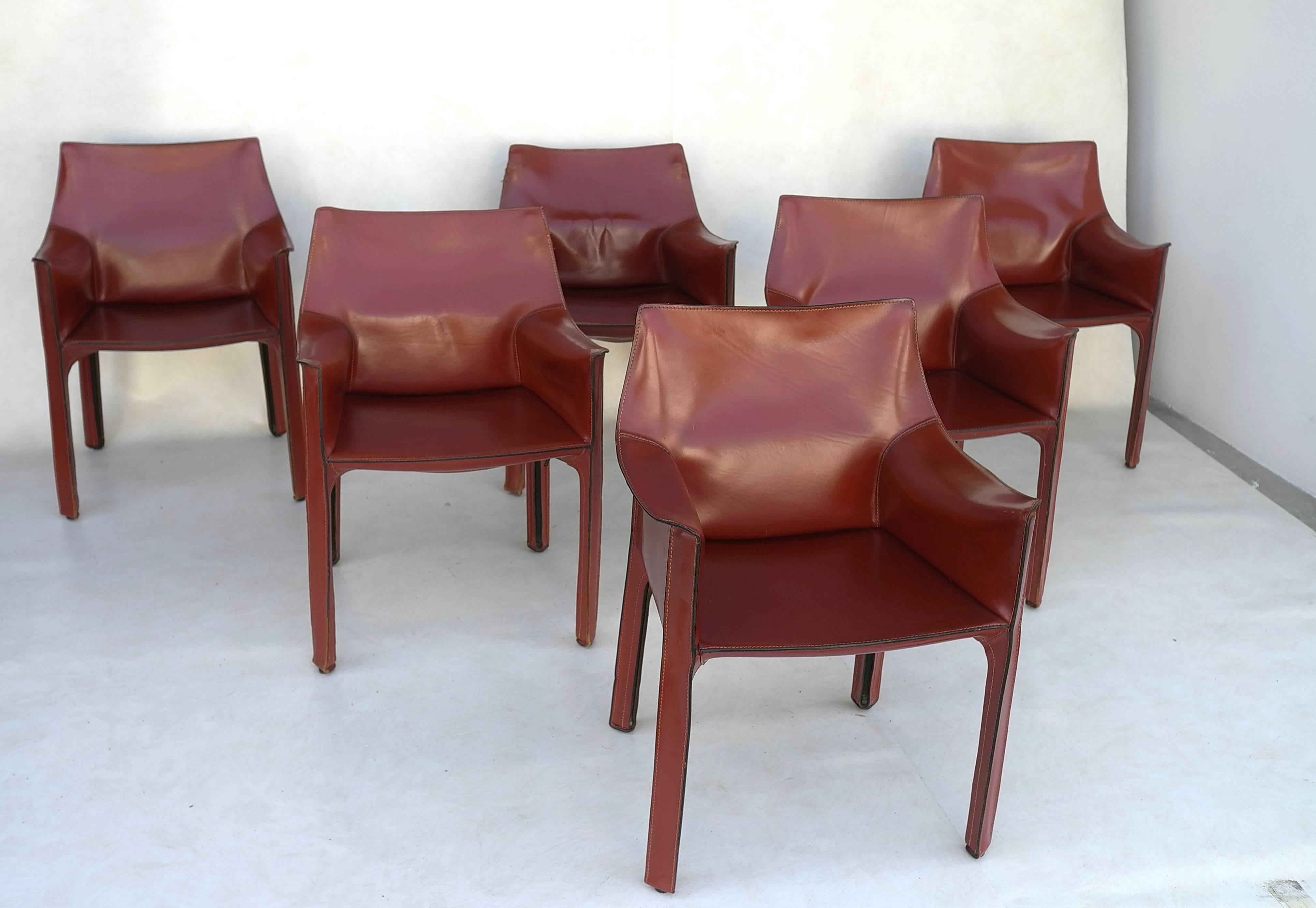 Mario Bellini Cab chairs, set of six,
Cassina Italy, leather over steel.
Measures: 19 W x 18 D x 32 H inches.
Signed with molded manufacturer's marks to underside.
The chairs have various patina and wear and we wouldn't have it any other way!
