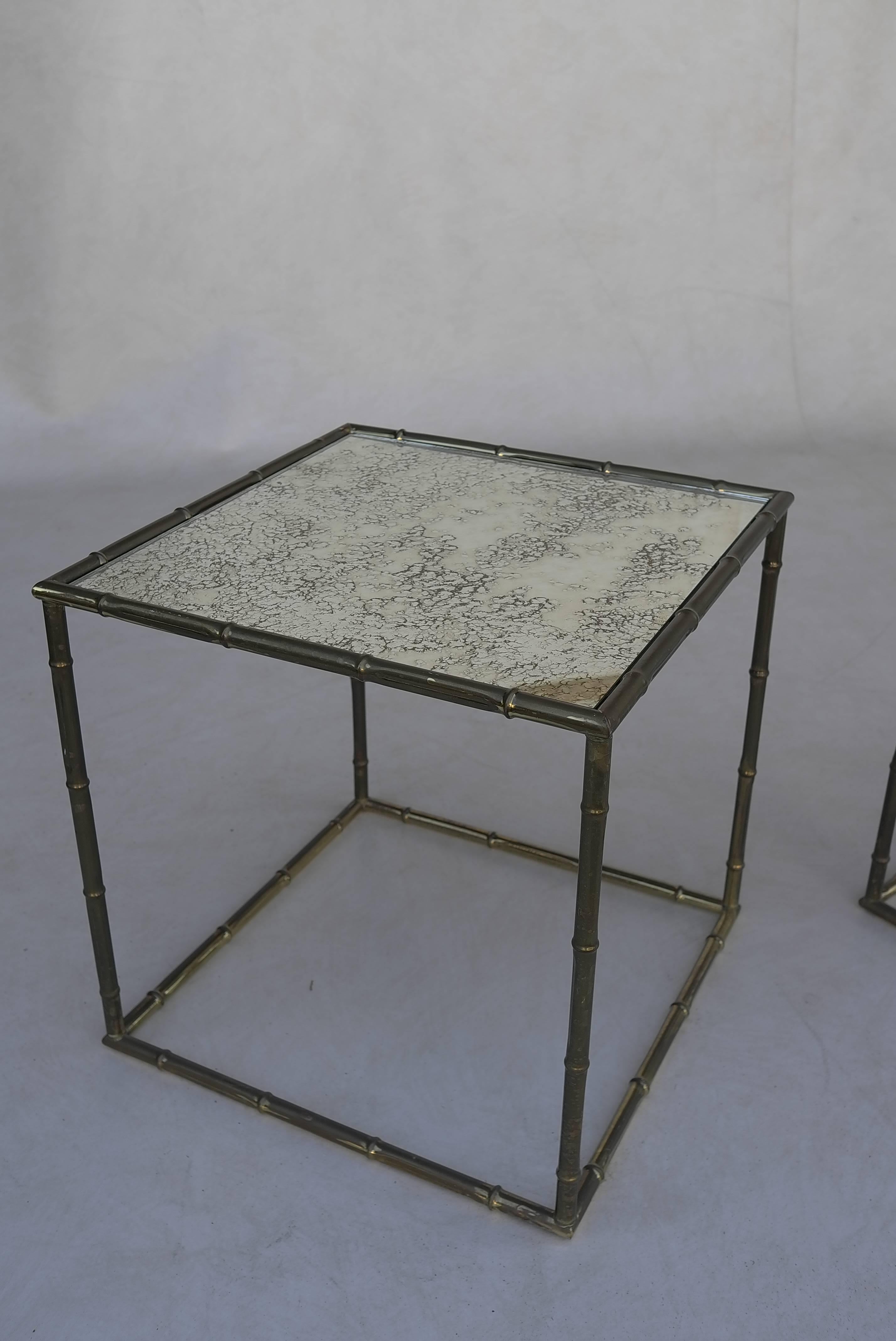 Pair of French Square Gold Metal Bamboo Tables with Mirrored Top 1