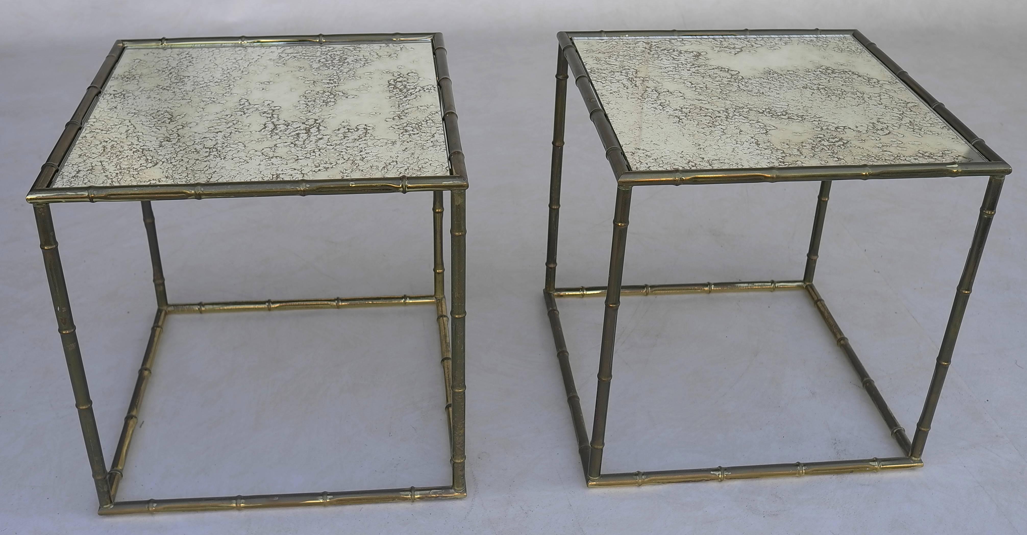 Pair of French square gold metal bamboo tables with mirrored top.