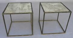 Pair of French Square Gold Metal Bamboo Tables with Mirrored Top