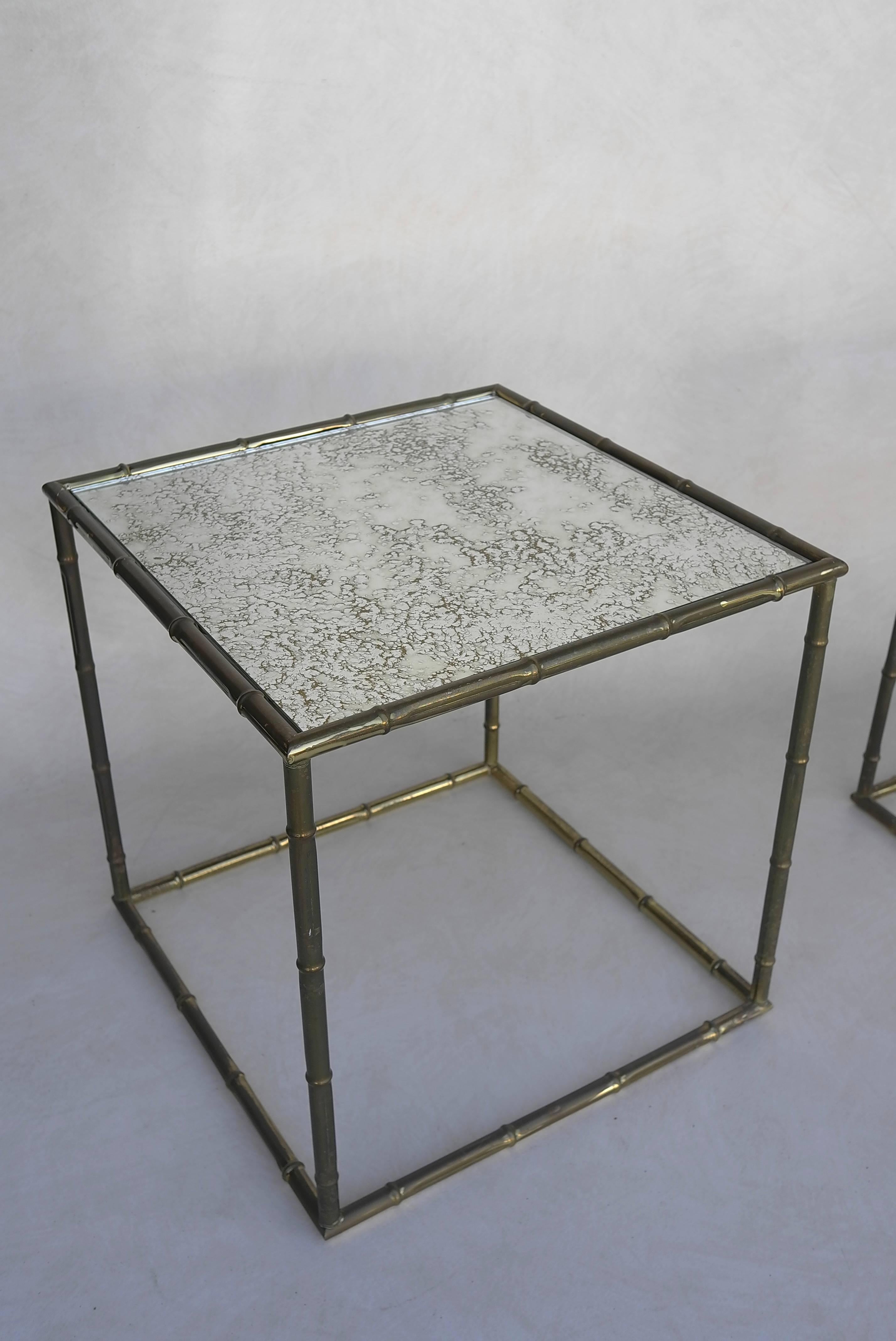 Mid-Century Modern Pair of French Square Gold Metal Bamboo Tables with Mirrored Top