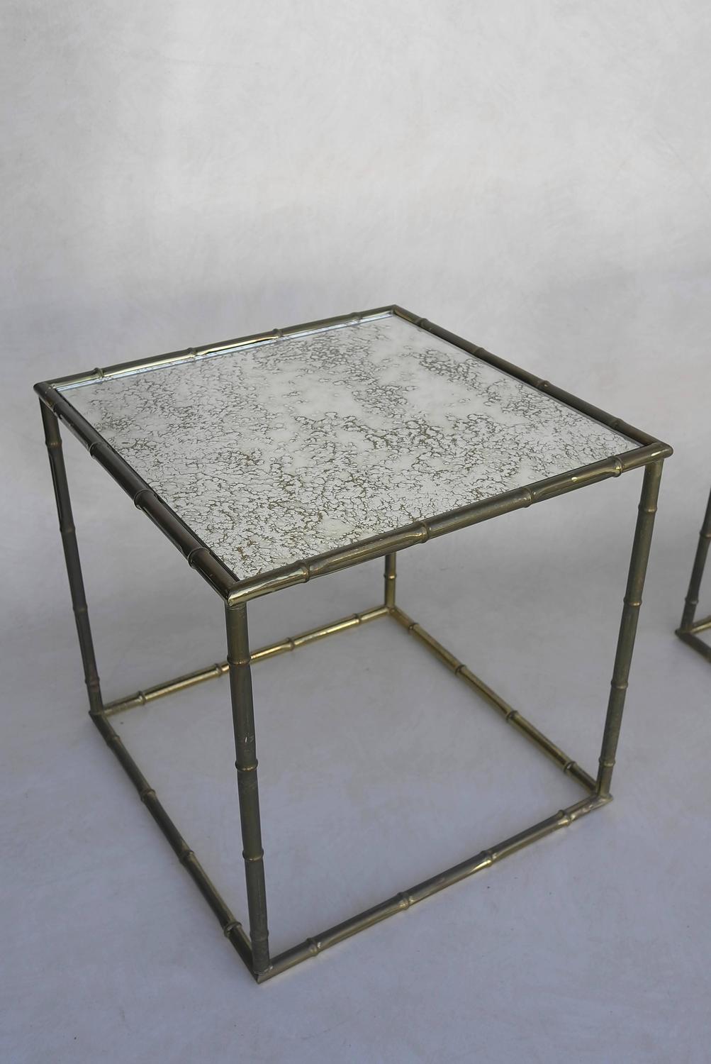 Pair of French Square Gold Metal Bamboo Tables with Mirrored Top For