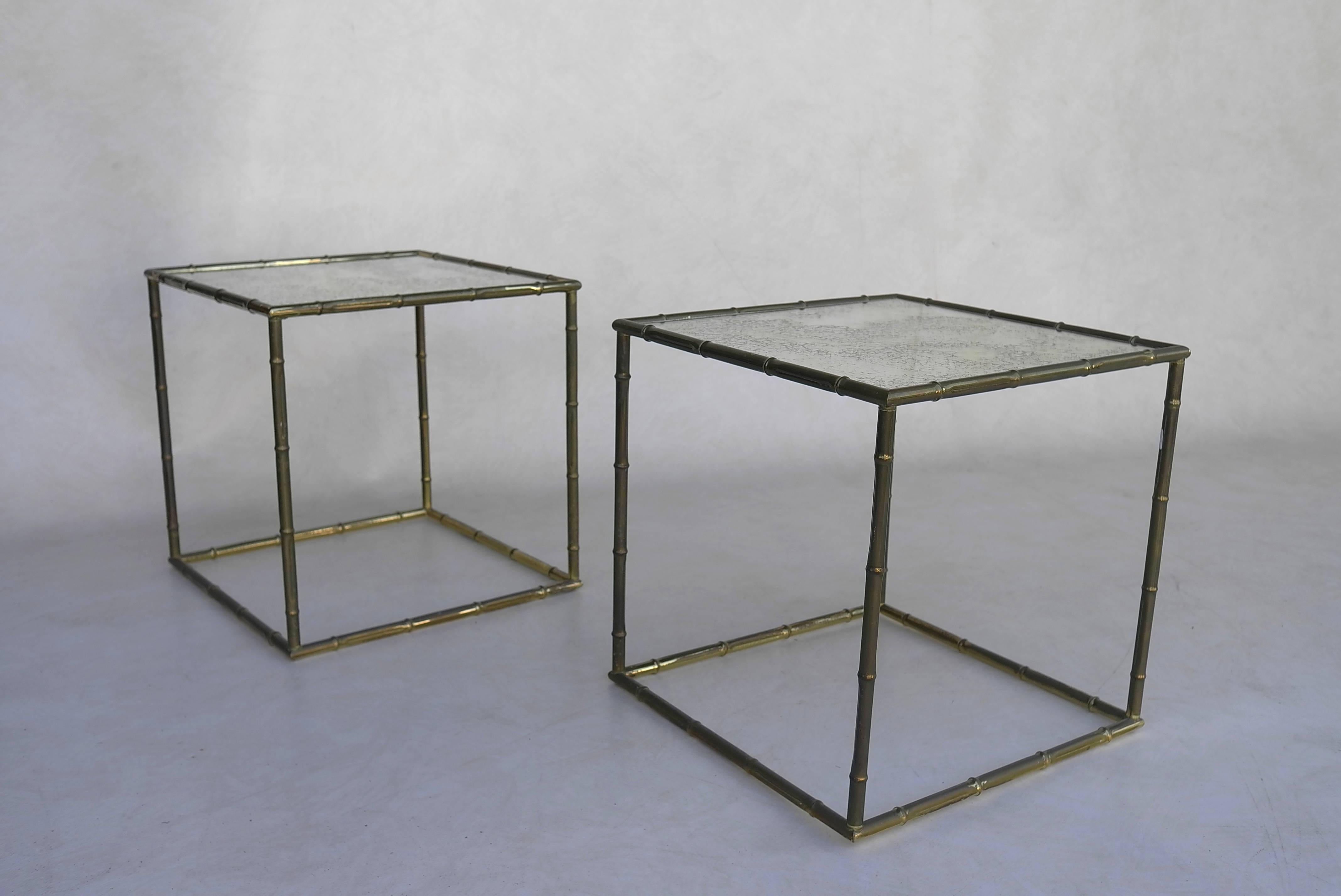 Pair of French Square Gold Metal Bamboo Tables with Mirrored Top In Excellent Condition In Den Haag, NL