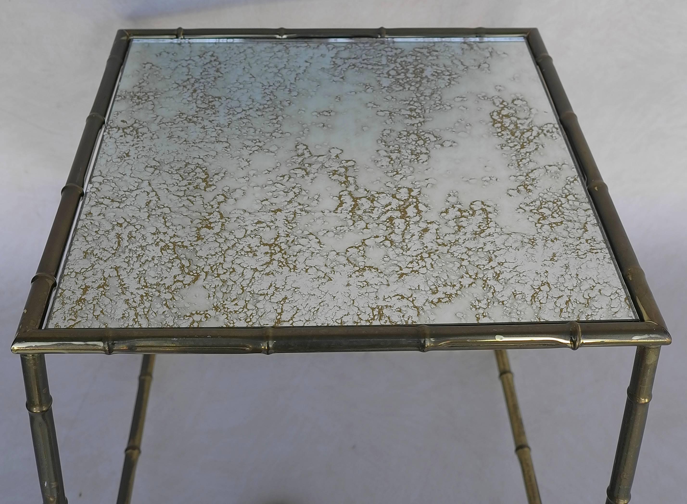 Mid-20th Century Pair of French Square Gold Metal Bamboo Tables with Mirrored Top