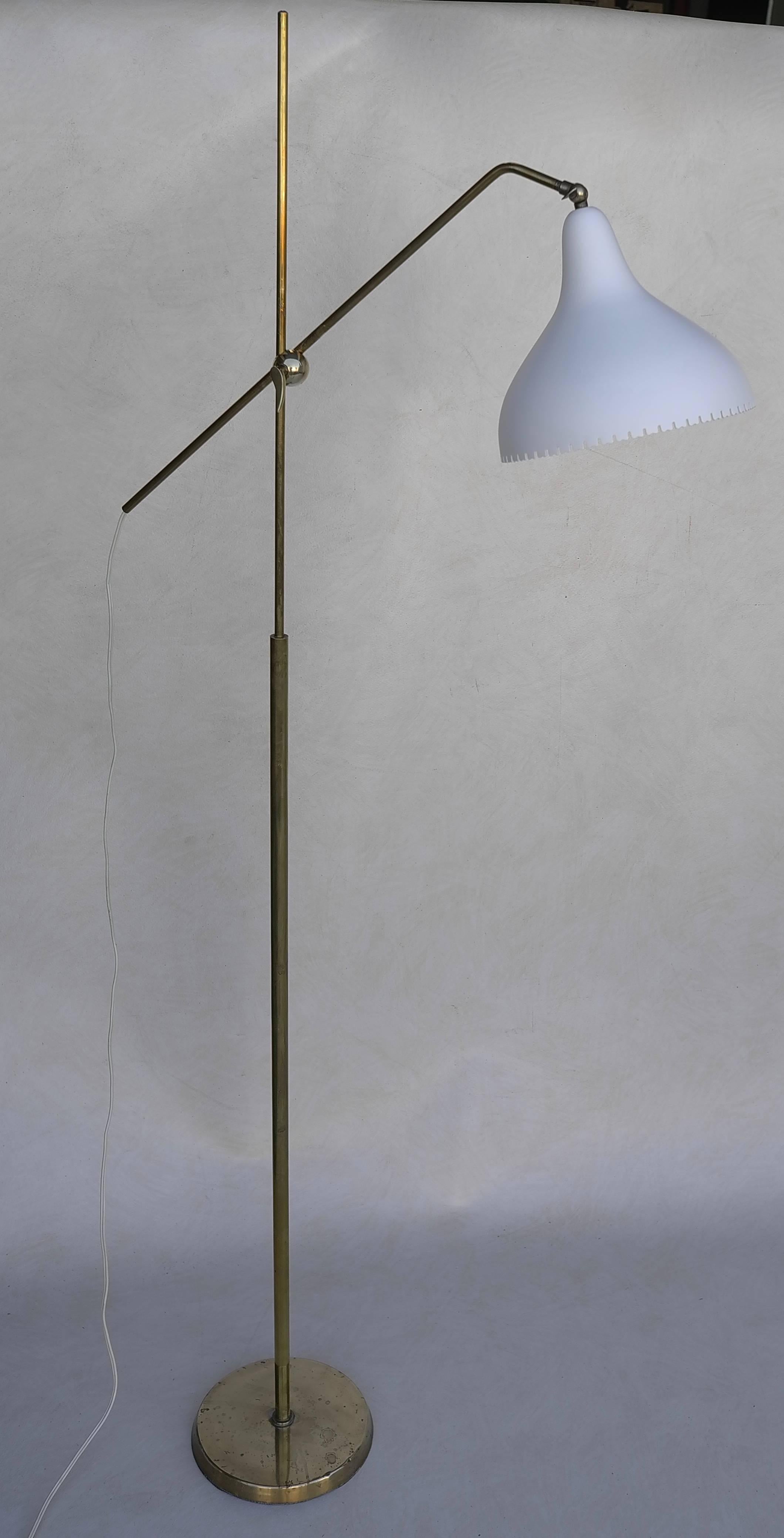 Aluminum Stylish Adjustable Danish Floorlamp in brass with white shade