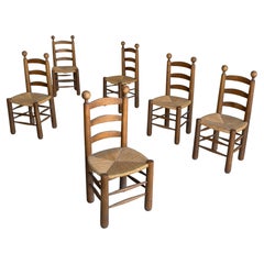 6 Natural Oak and Rush Chairs by Charles Dudouyt , France 1950's