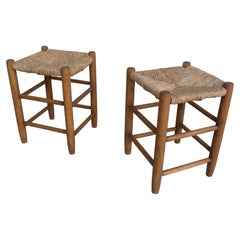Pair of Wood and Rush Rustic Stools in Style of Charlotte Perriand France 1960's