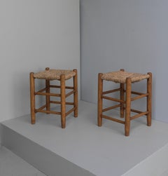 Pair of Wood and Rush Rustic Stools in Style of Charlotte Perriand France 1960's