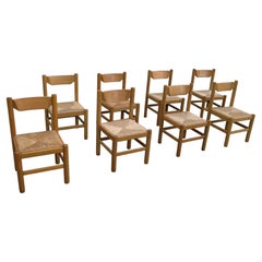 Set of eight Oak and Rush Chairs in Style of Charlotte Perriand, France, 1960