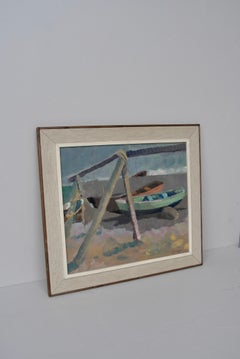 Sven Johansson (1911-1986), huile sur toile, « moderniste », Port en Suède, années 1950