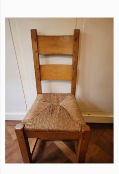 Set of Six Rustic Solid Oak and Rush French Farmhouse Dining Chairs 1950's