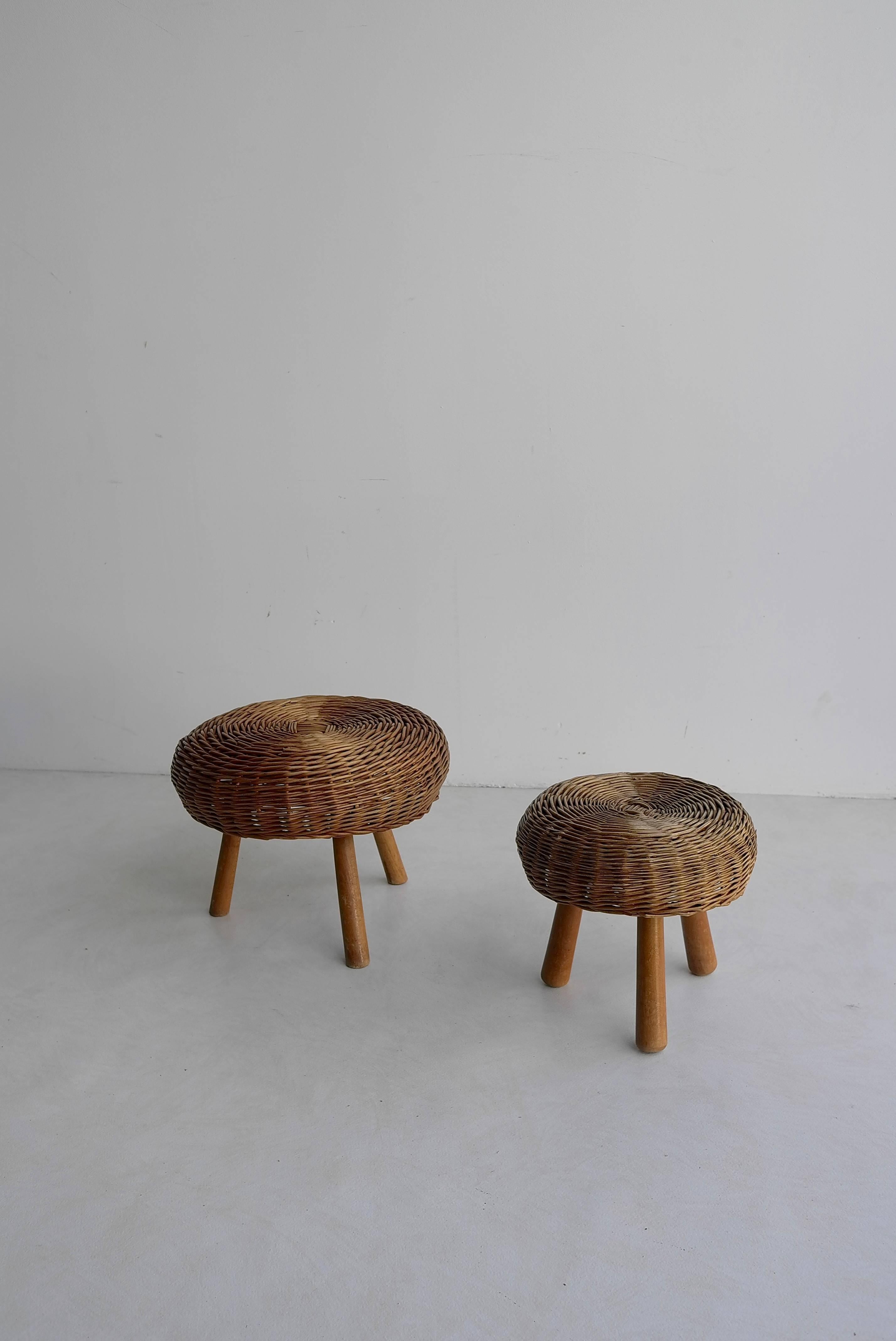 Mid-Century Modern French Wicker Stools in Style of Charlotte Perriand