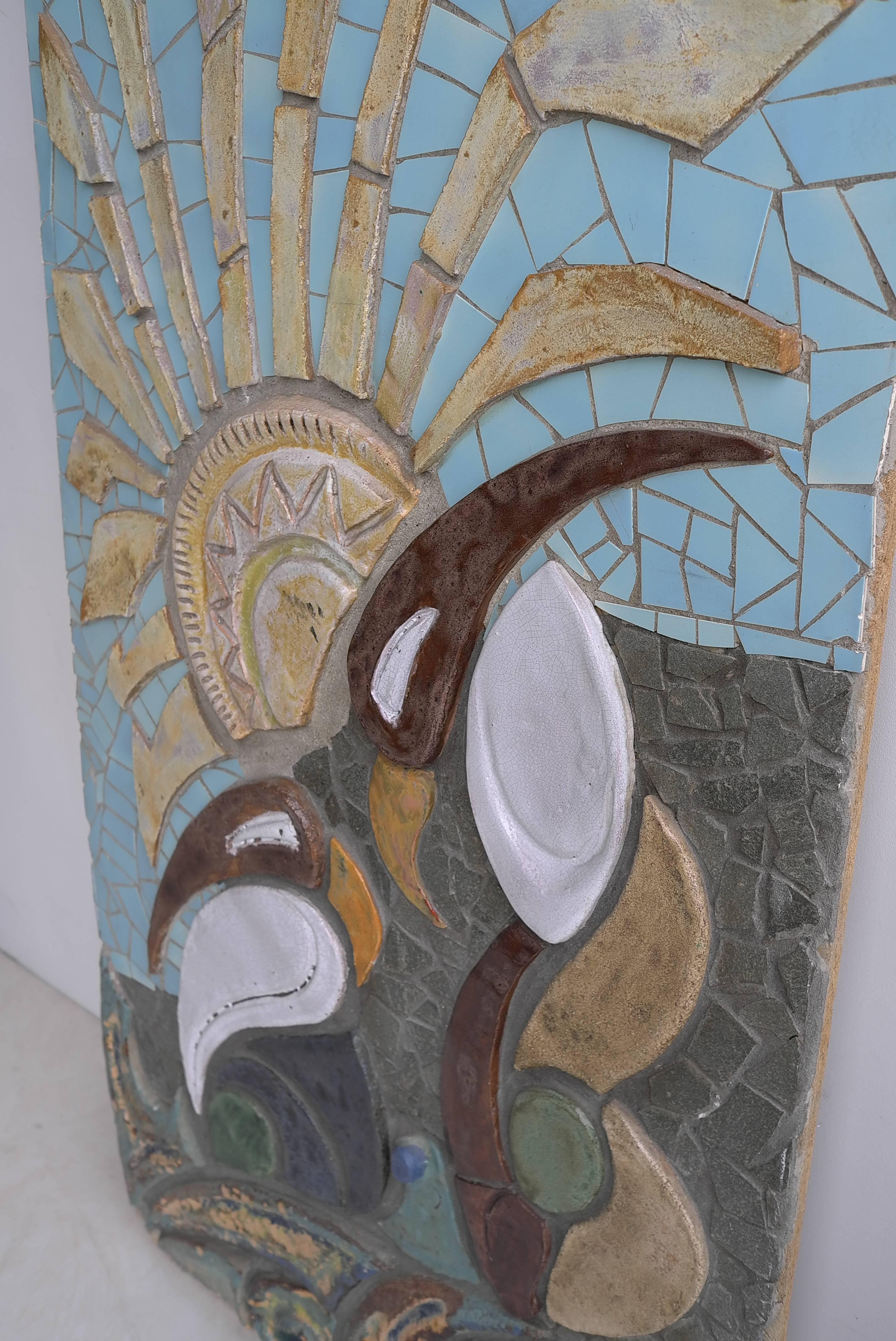 Mid-20th Century Large Ceramic Wall Sculpture with Exotic Bird and Sun Image