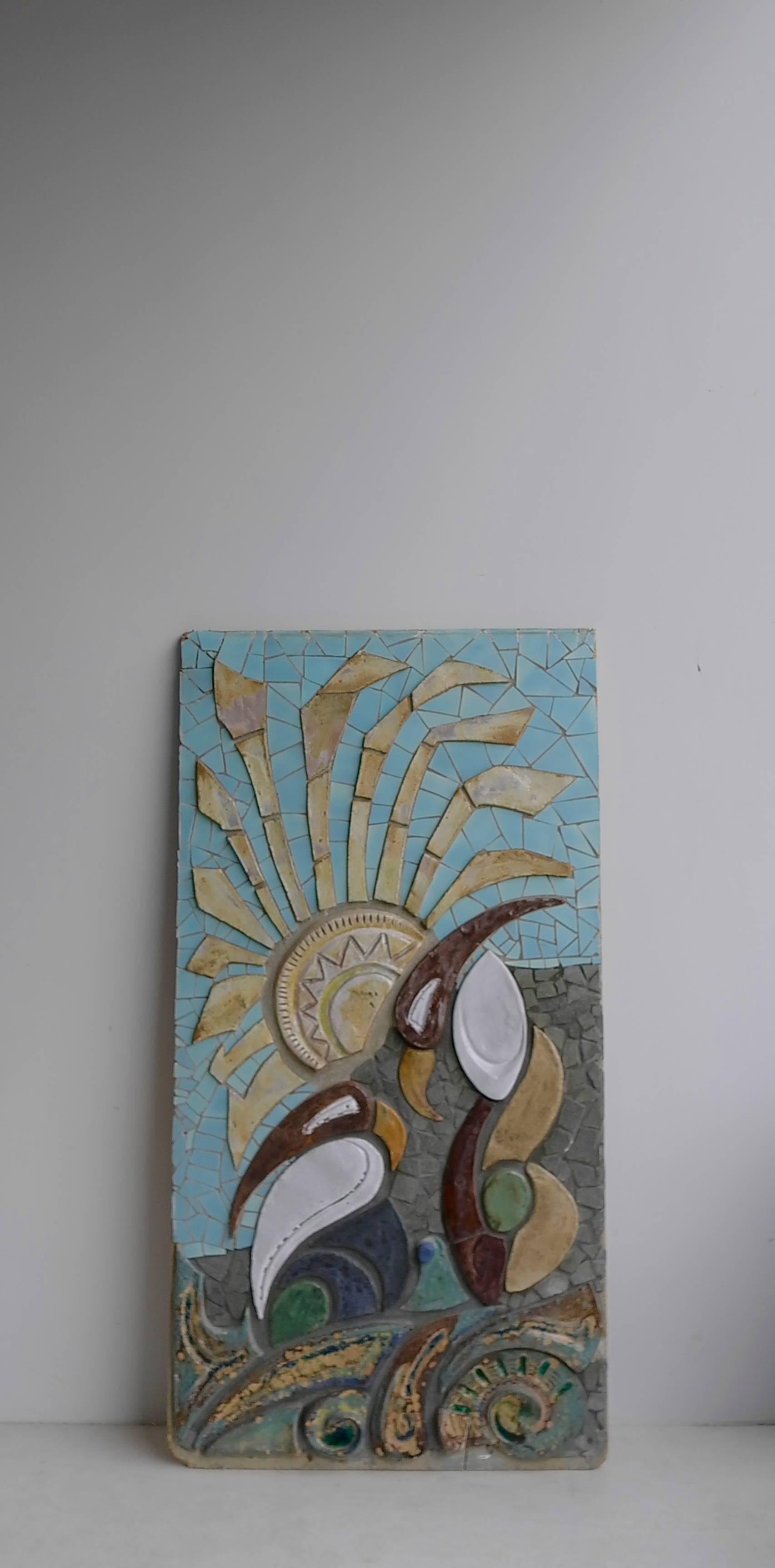 Mid-Century Modern Large Ceramic Wall Sculpture with Exotic Bird and Sun Image