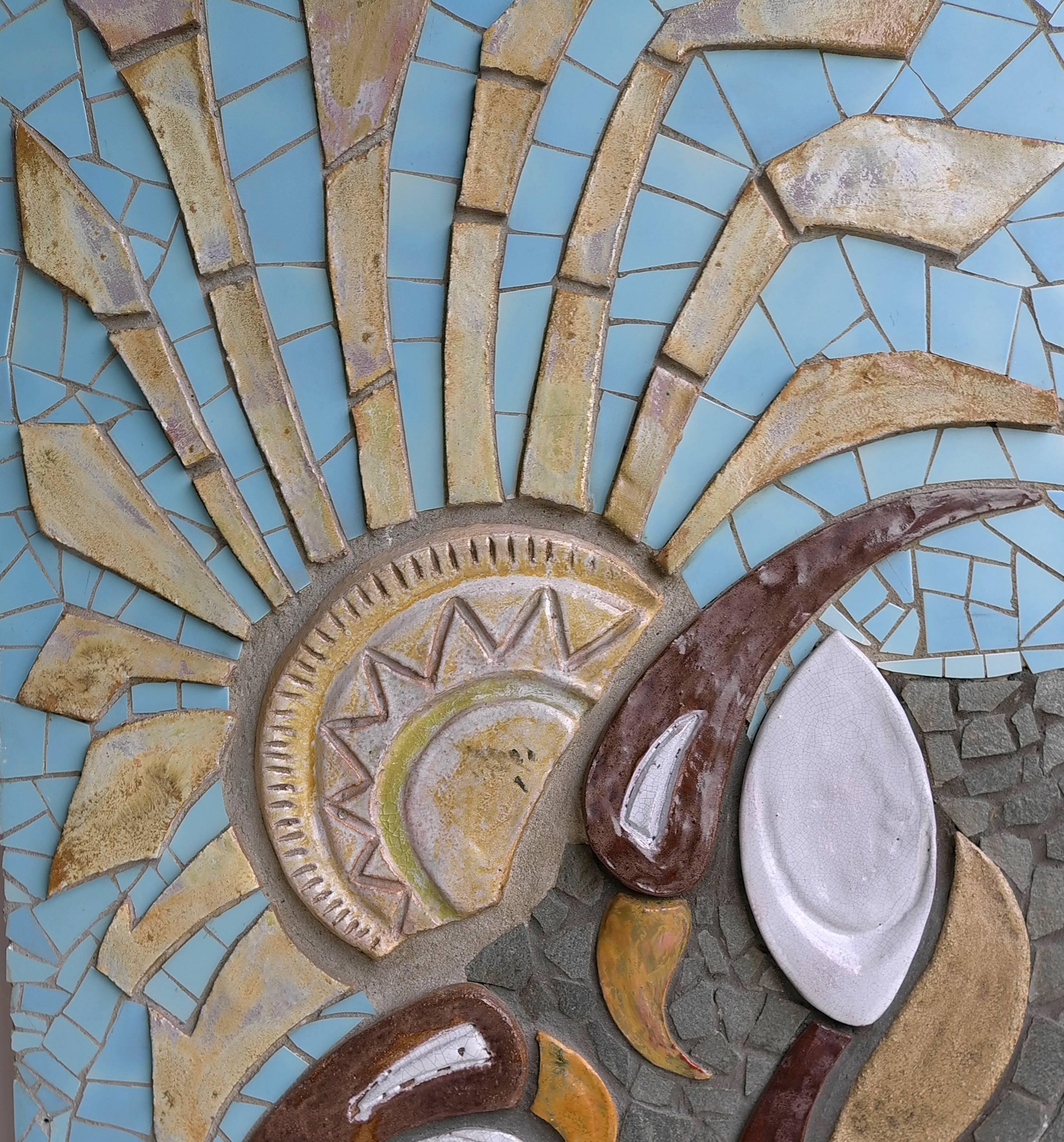 Large Ceramic Wall Sculpture with Exotic Bird and Sun Image In Excellent Condition In Den Haag, NL