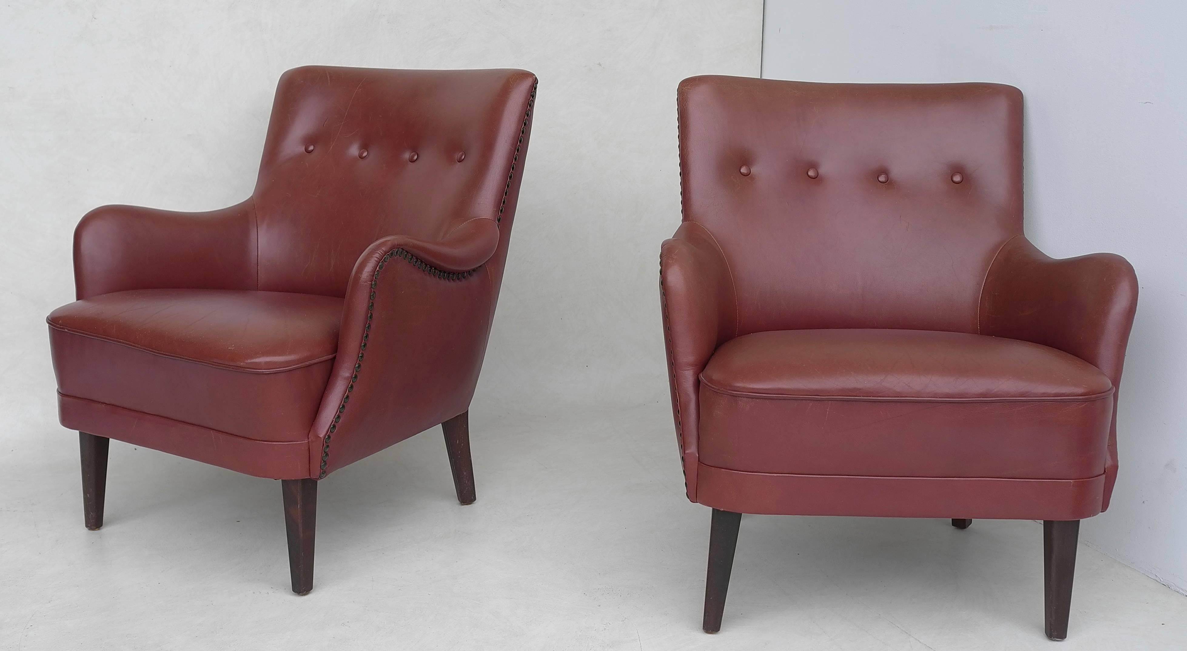 Pair of Danish Armchairs with Footstool in Chestnut Leather 1