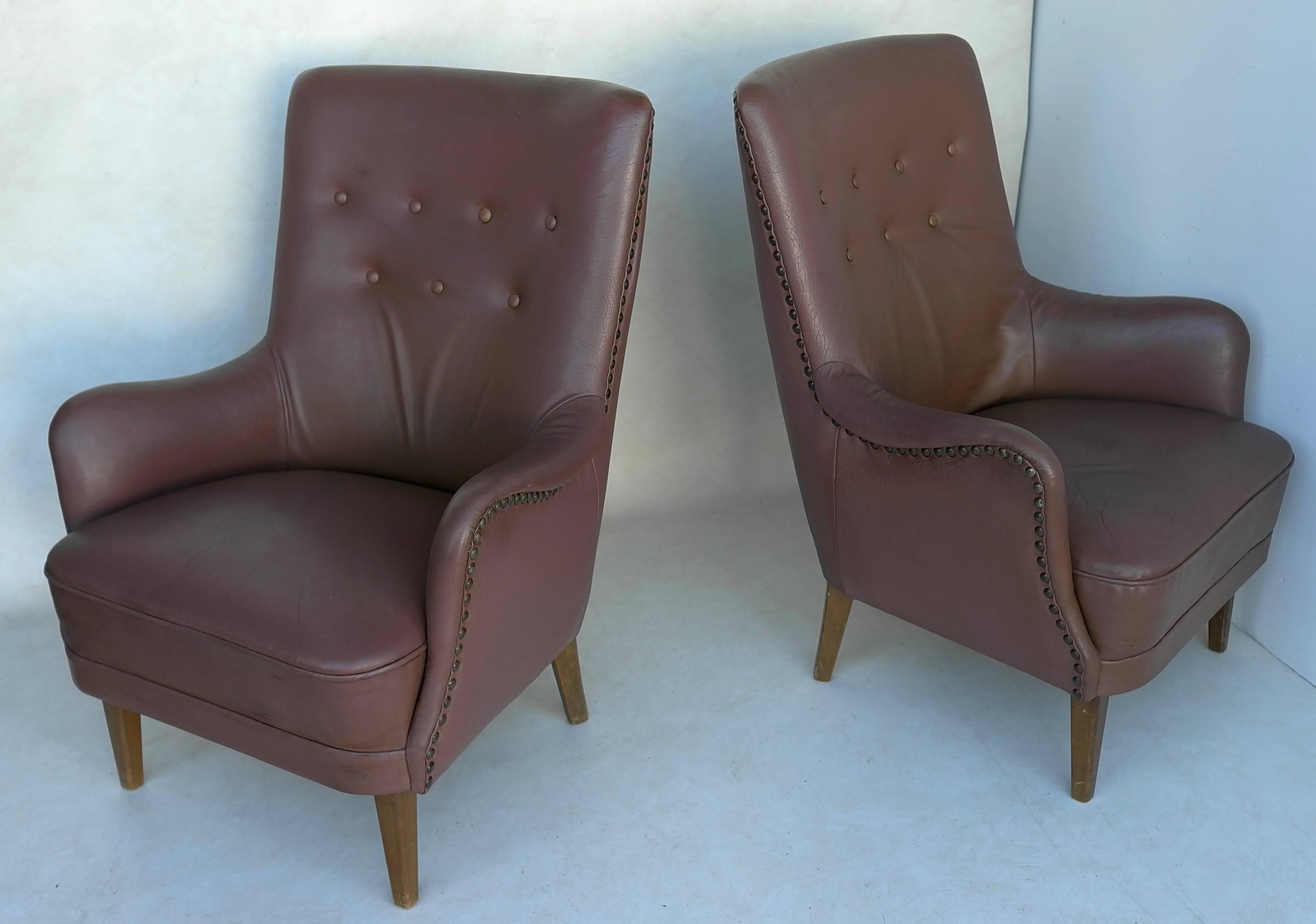 20th Century Pair of Danish High Back Armchairs in Brown Leather in style of Arne Vodder