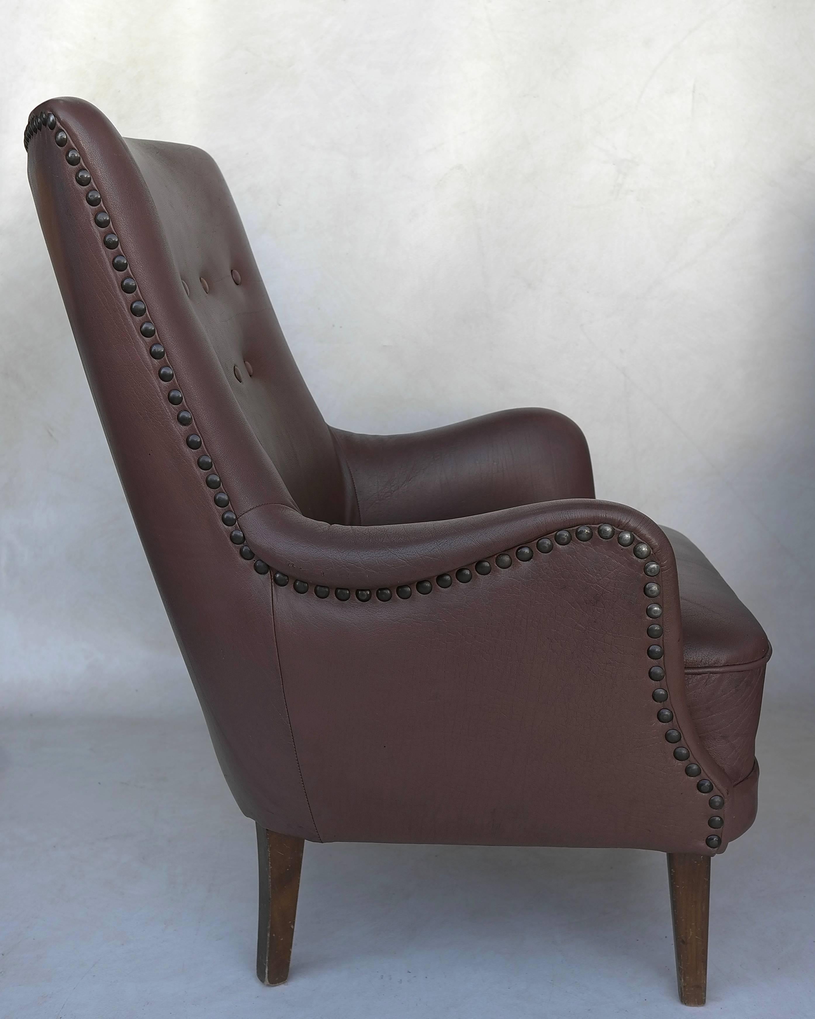 Pair of Danish High Back Armchairs in Brown Leather in style of Arne Vodder 1