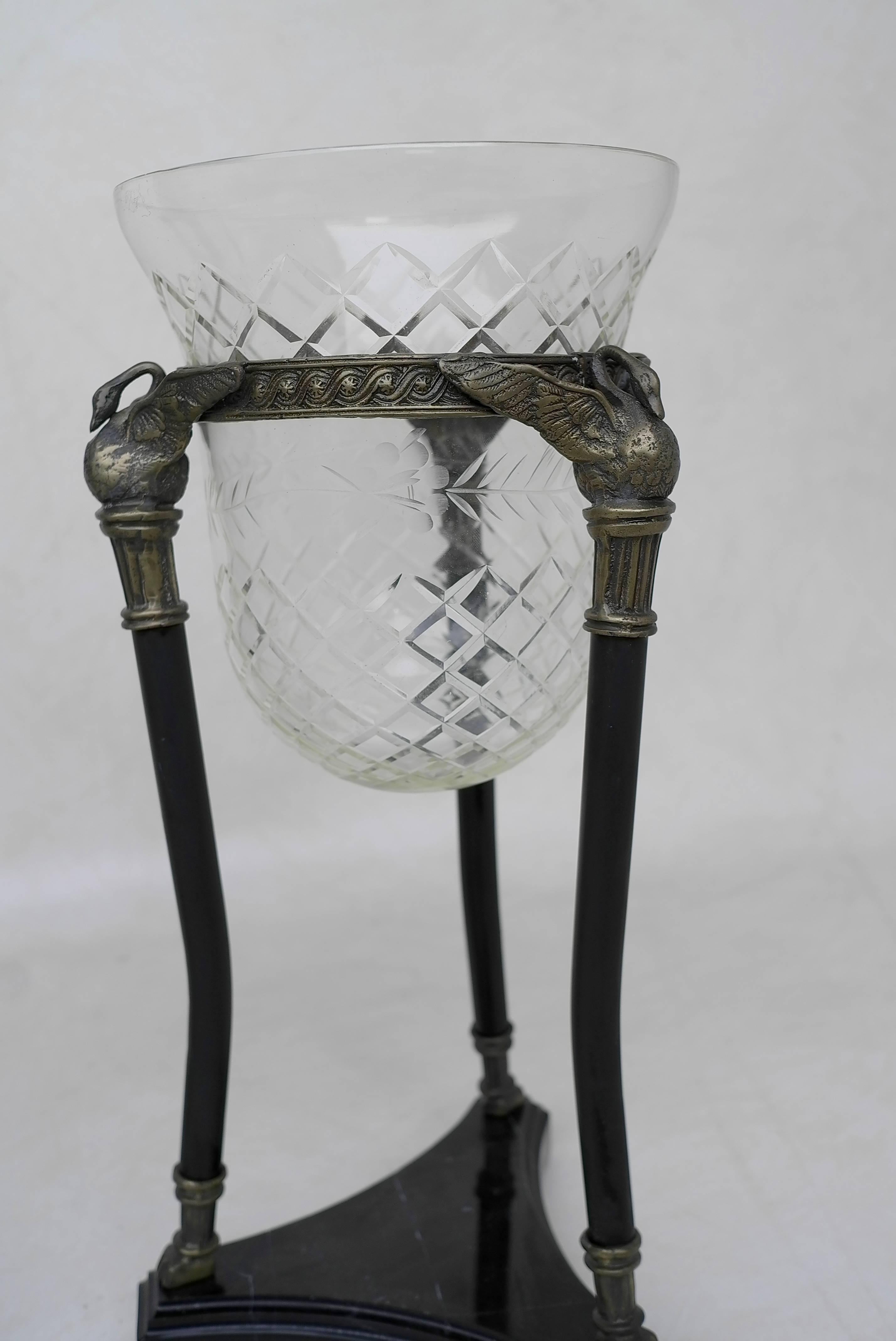 French Pair of Neoclassical Marble and Glass Swan Vases For Sale